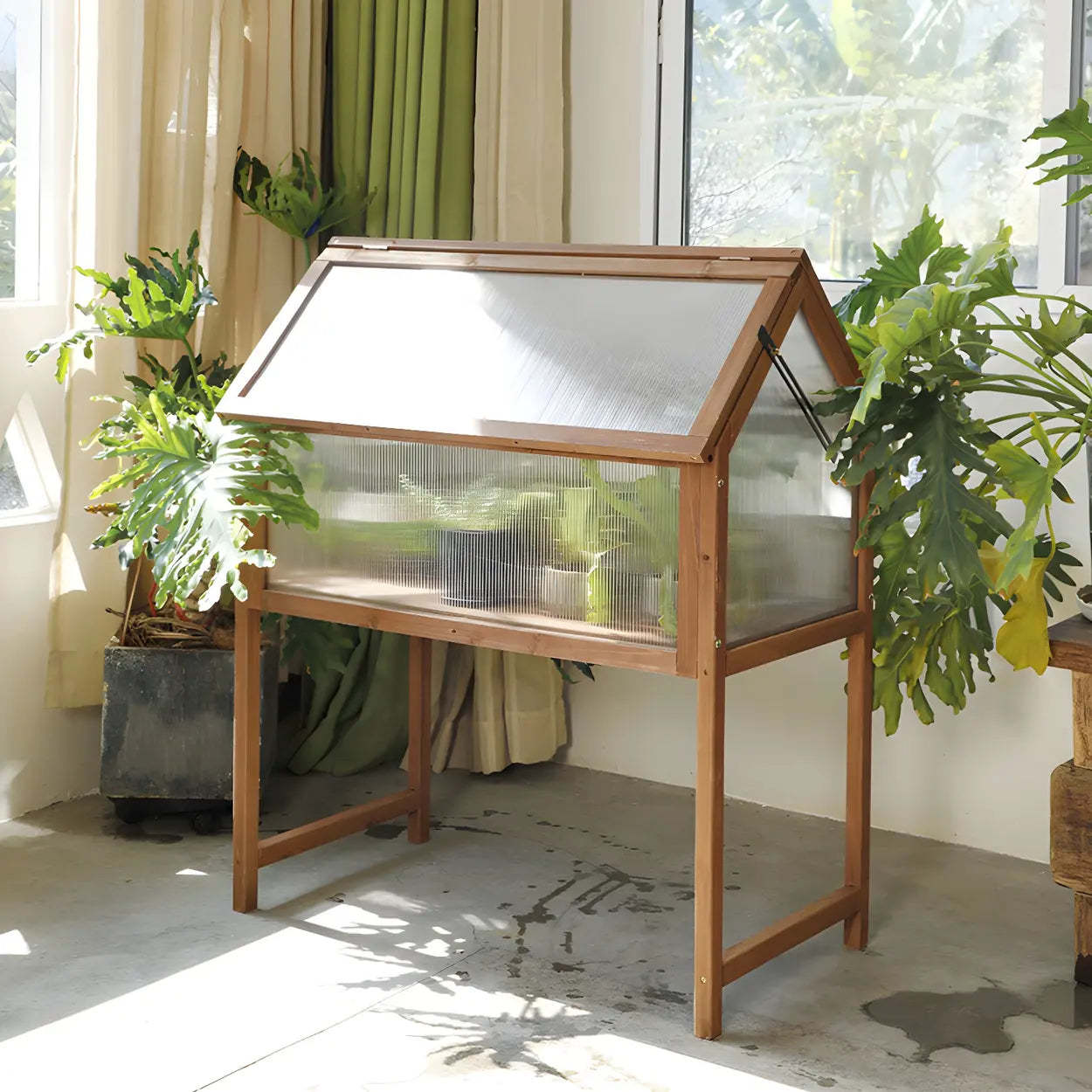 Rustic Wood Compact Mini Greenhouse Balcony Plant Stand