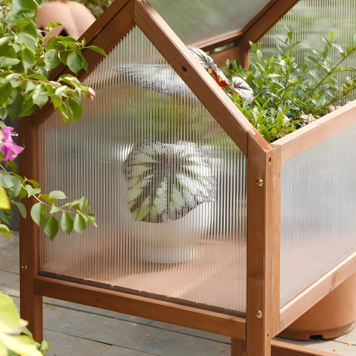 Rustic Wood Compact Mini Greenhouse Balcony Plant Stand