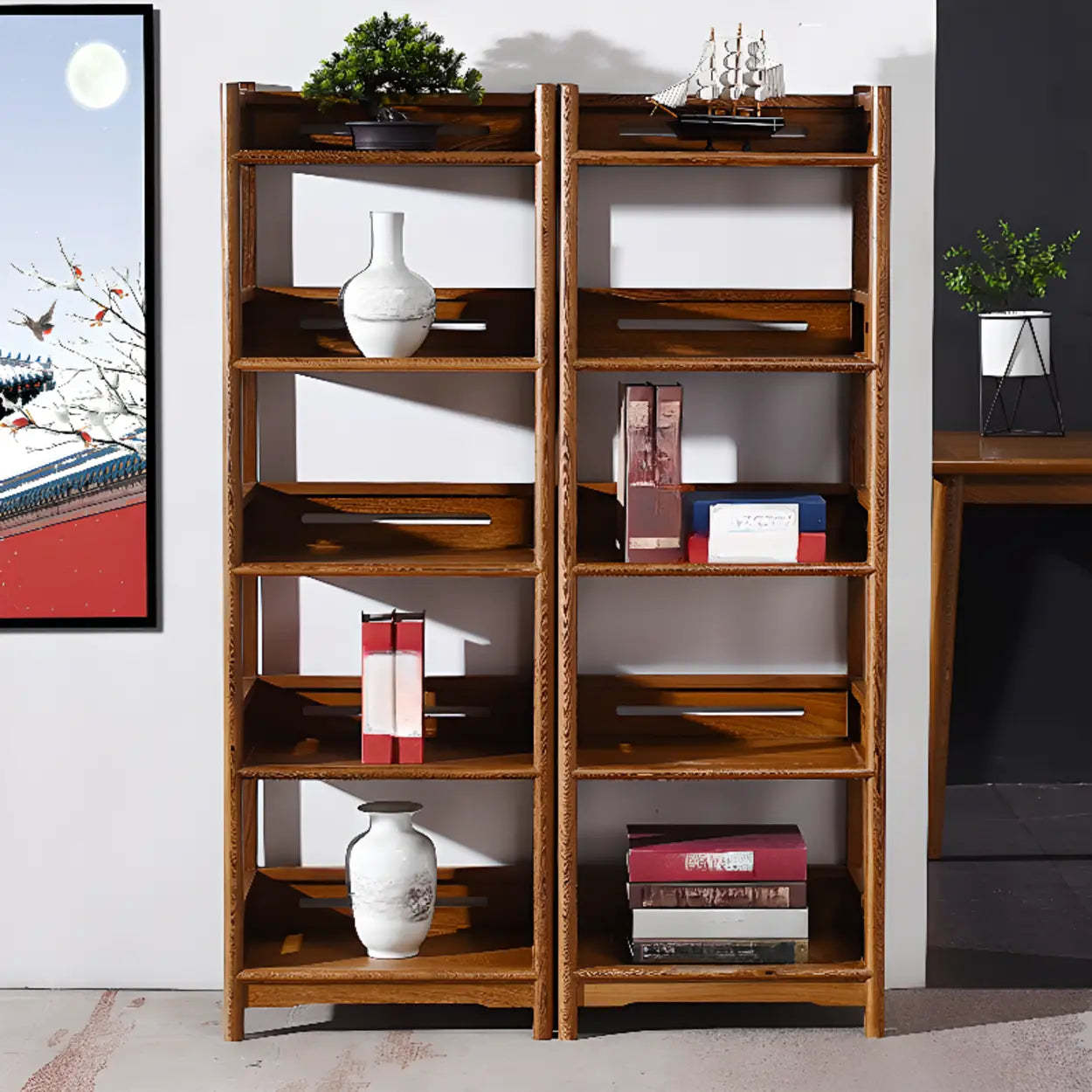 Rustic Wood Vertical 5-Shelf Open Bookshelf