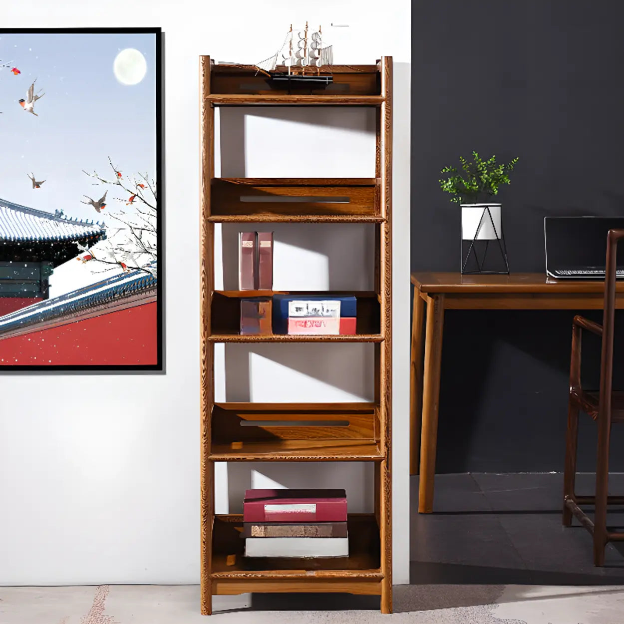 Rustic Wood Vertical 5-Shelf Open Bookshelf