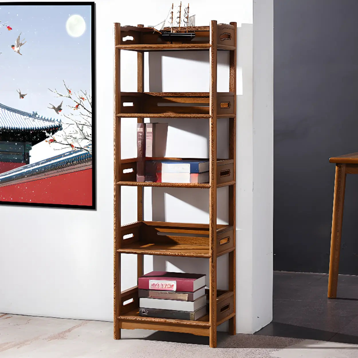 Rustic Wood Vertical 5-Shelf Open Bookshelf