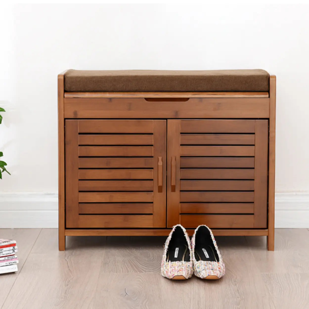 Rustic Brown Wood Entry Shoe Bench Cabinet