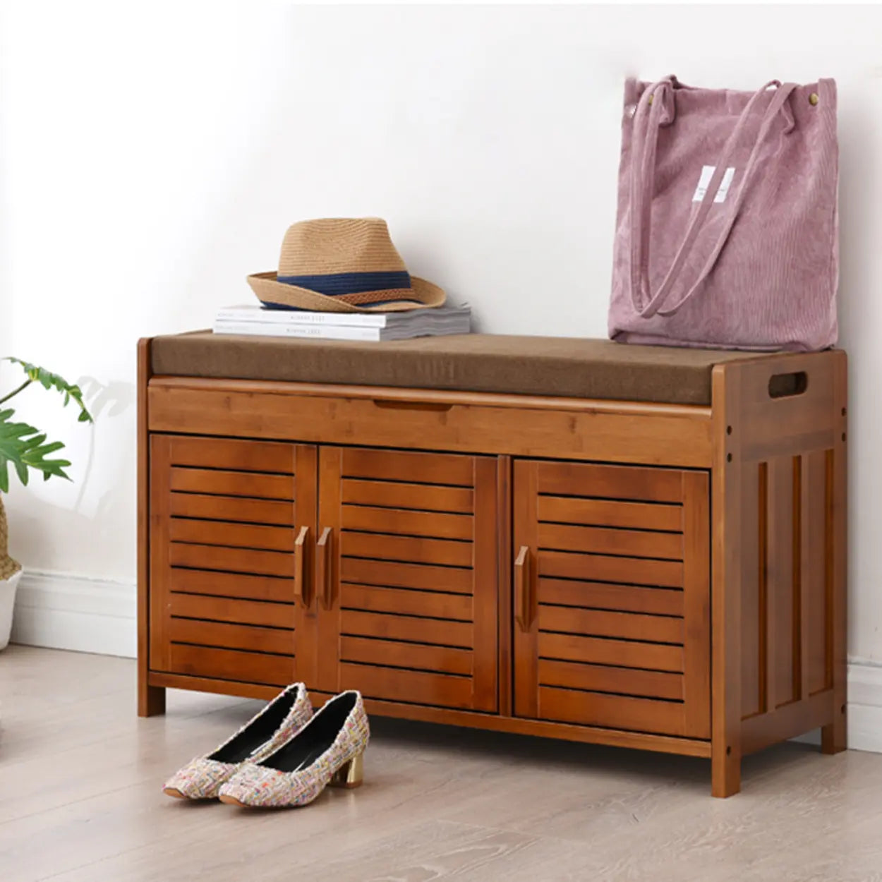 Rustic Brown Wood Entry Shoe Bench Cabinet