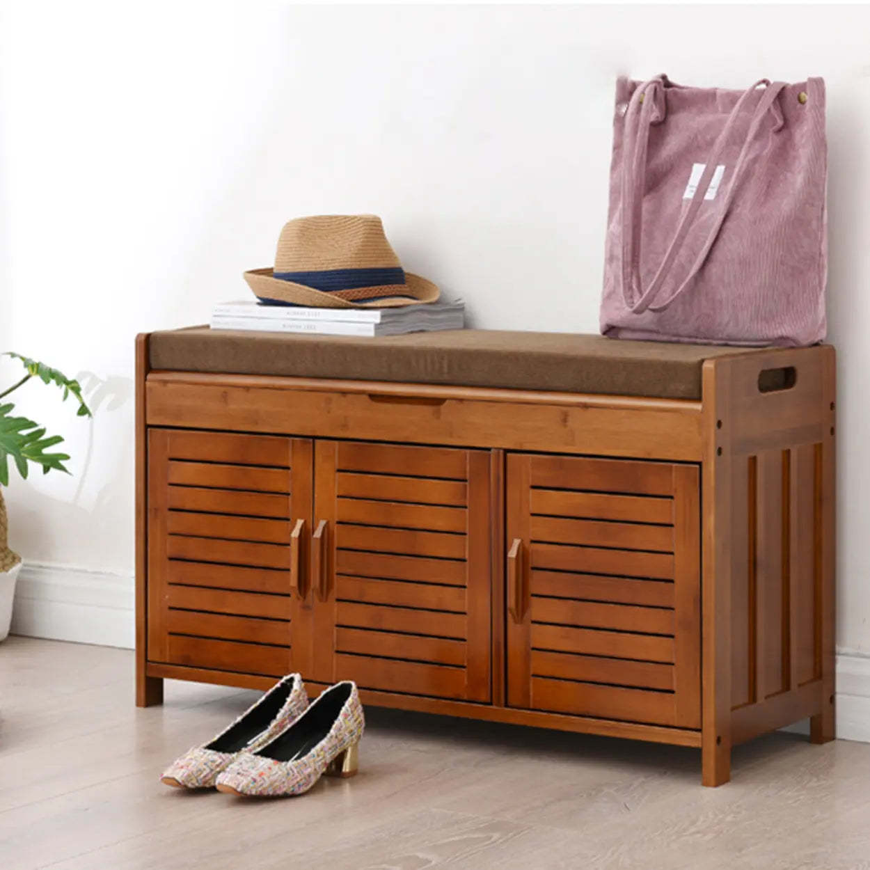 Rustic Brown Wood Entry Shoe Bench Cabinet