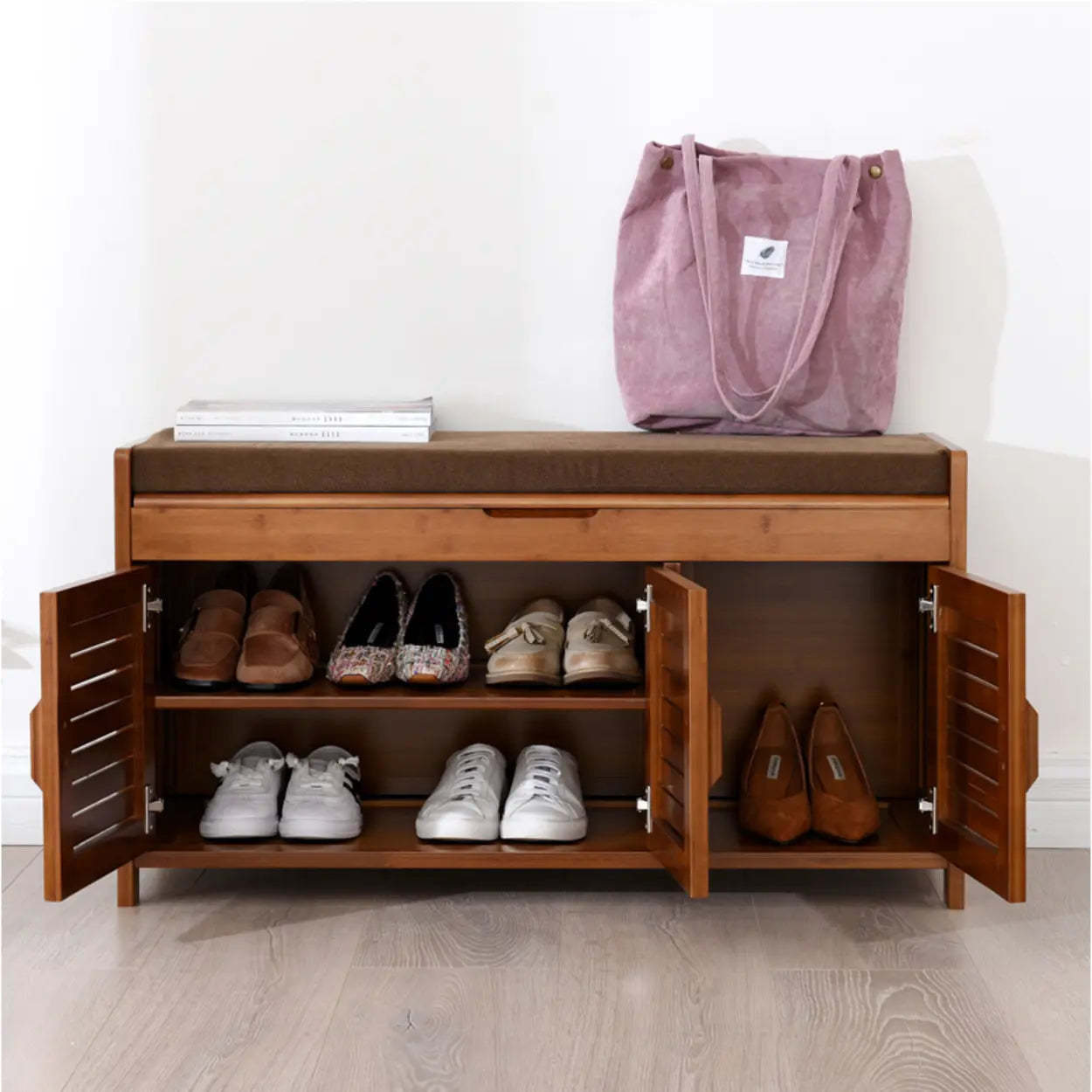 Rustic Brown Wood Entry Shoe Bench Cabinet