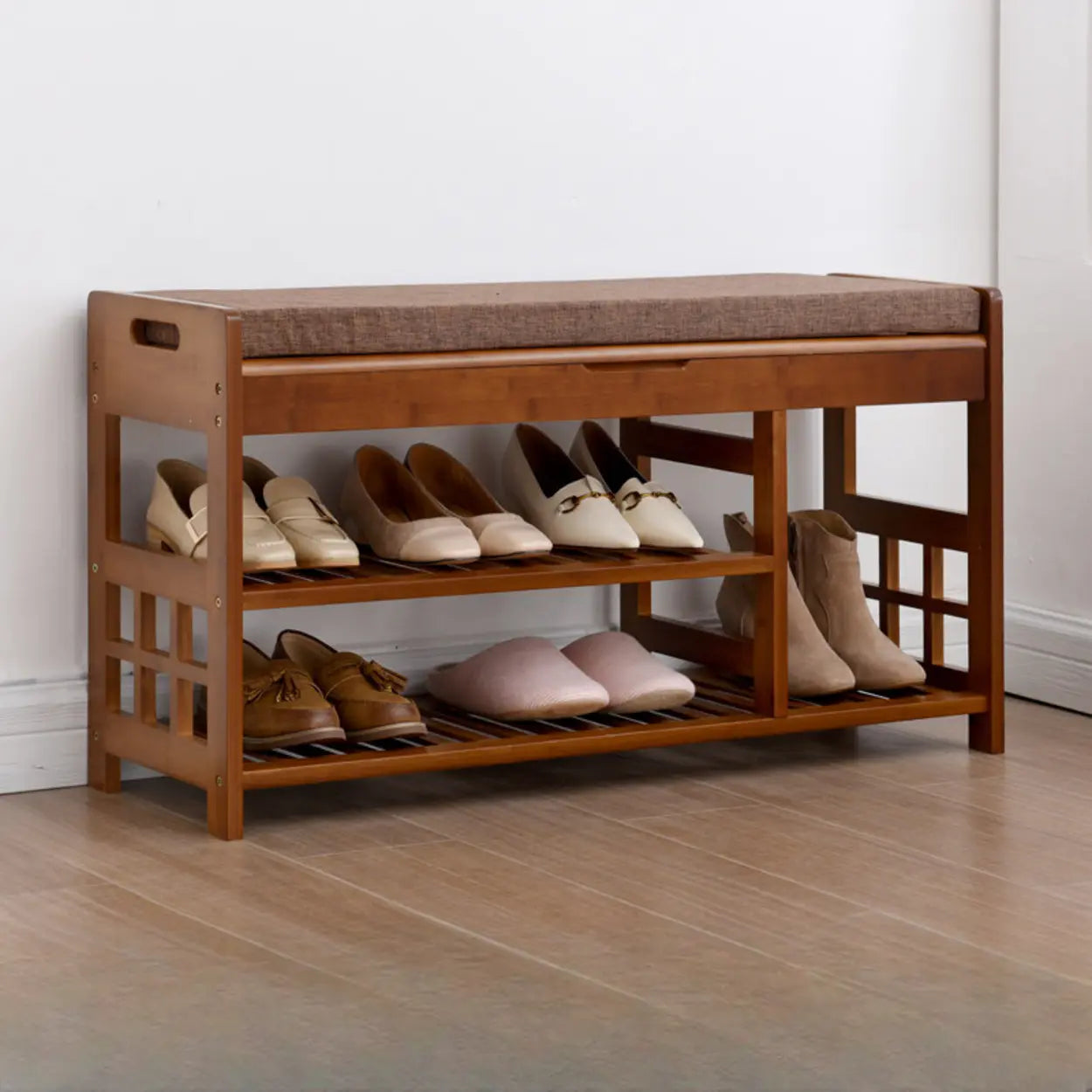 Rustic Brown Wood Entry Shoe Bench Cabinet