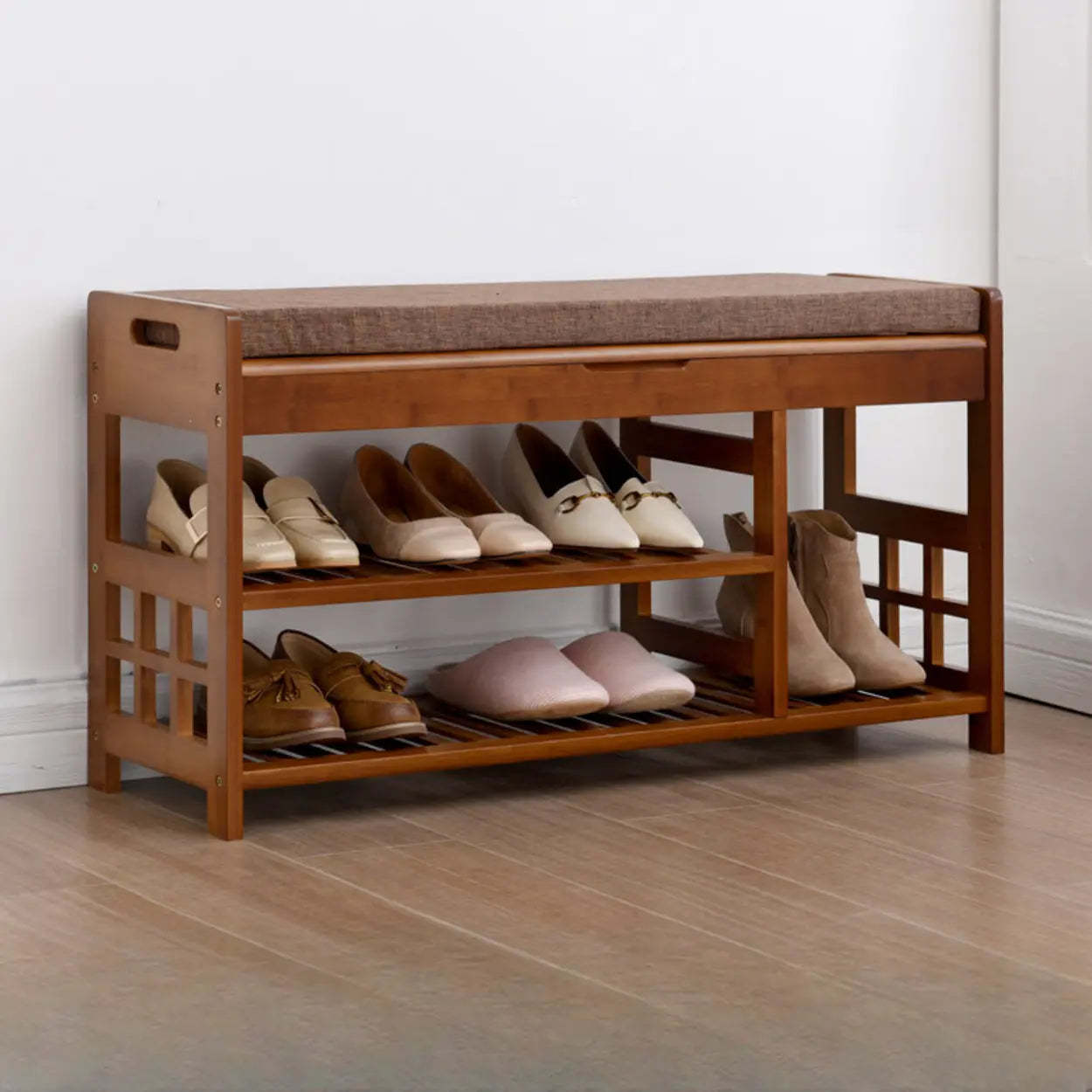 Rustic Brown Wood Entry Shoe Bench Cabinet