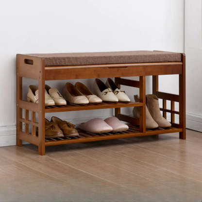 Rustic Brown Wood Entry Shoe Bench Cabinet