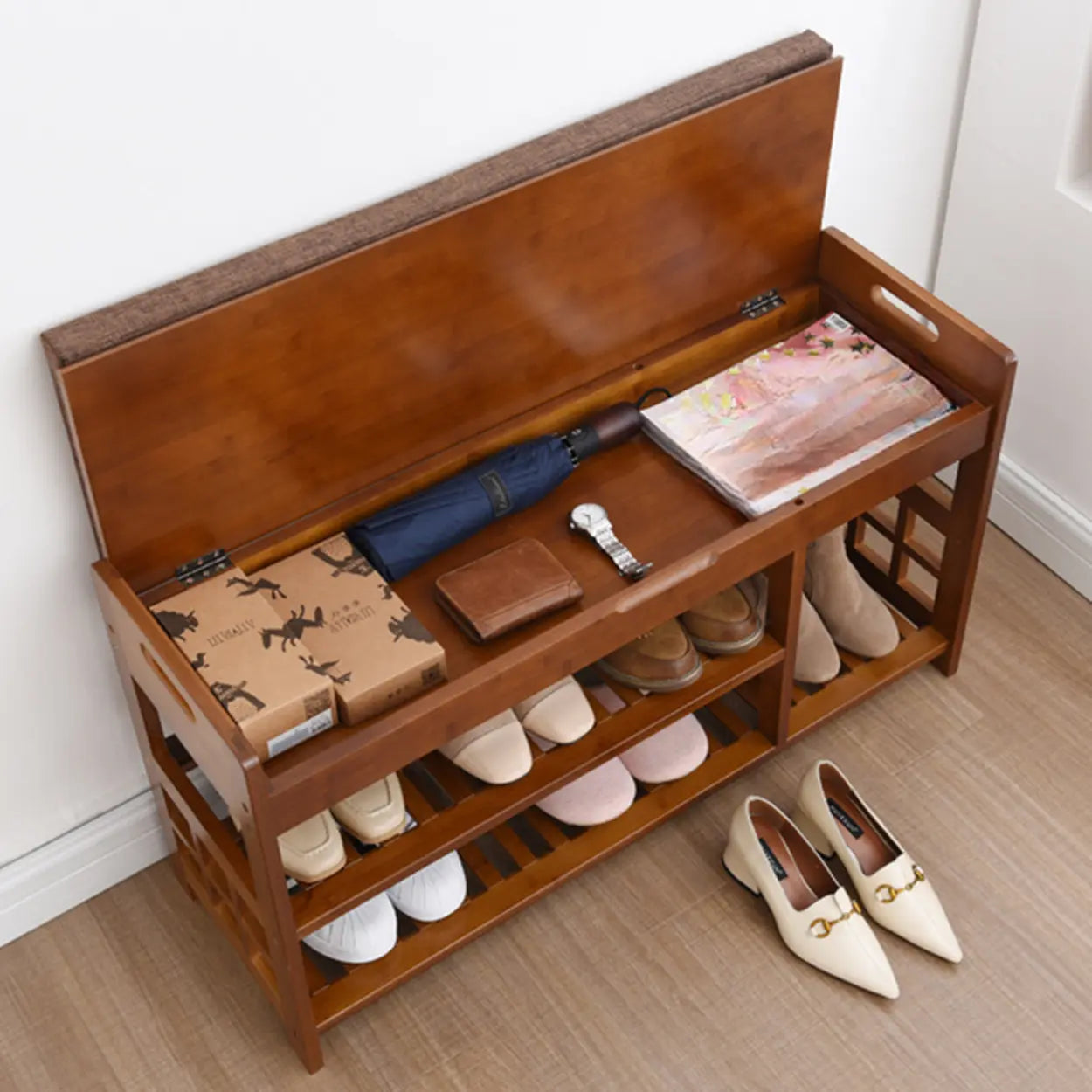Rustic Brown Wood Entry Shoe Bench Cabinet