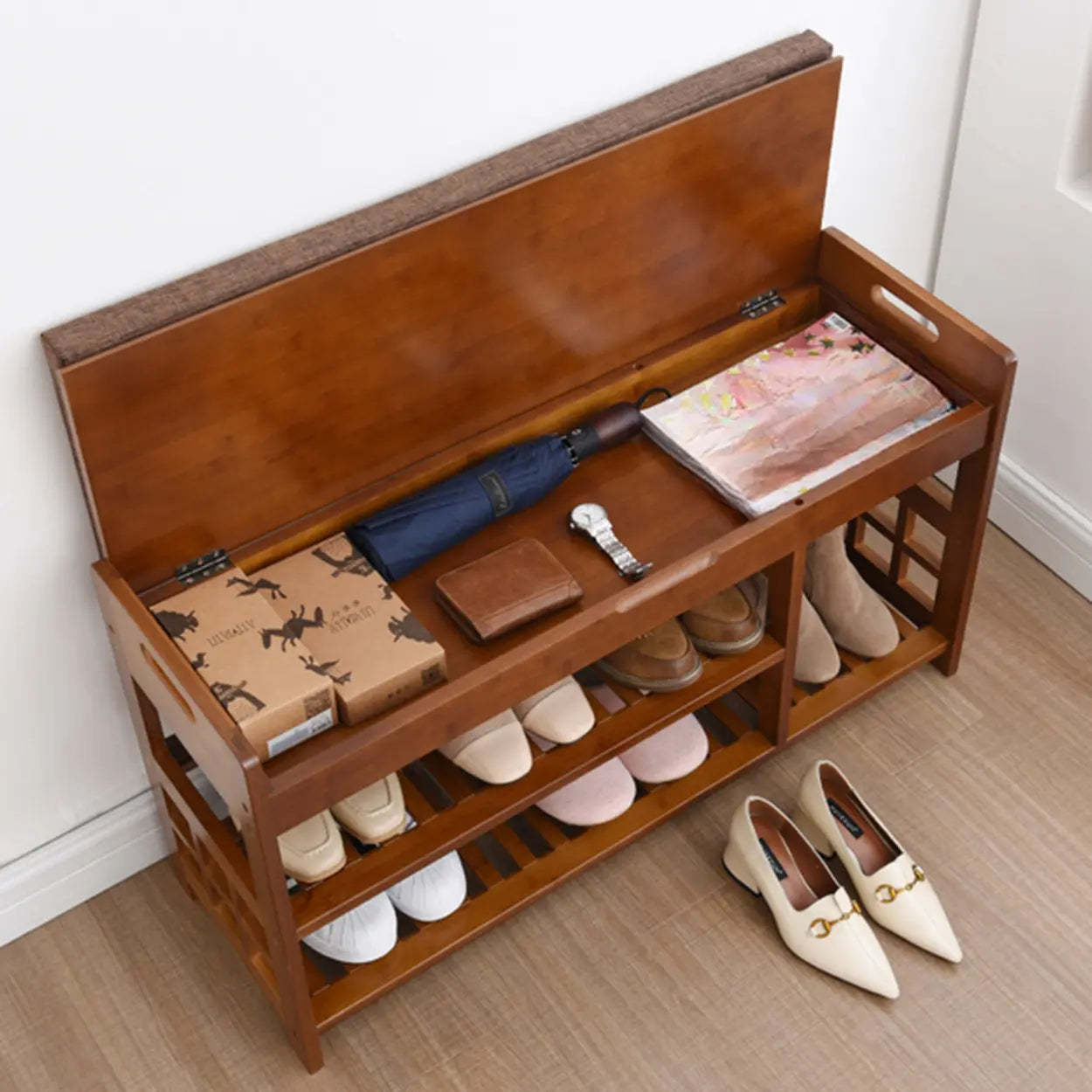 Rustic Brown Wood Entry Shoe Bench Cabinet