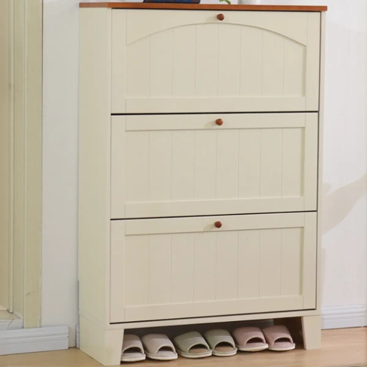 Rustic Cream Wood Entryway Shoe Cabinet — Green/ Natural