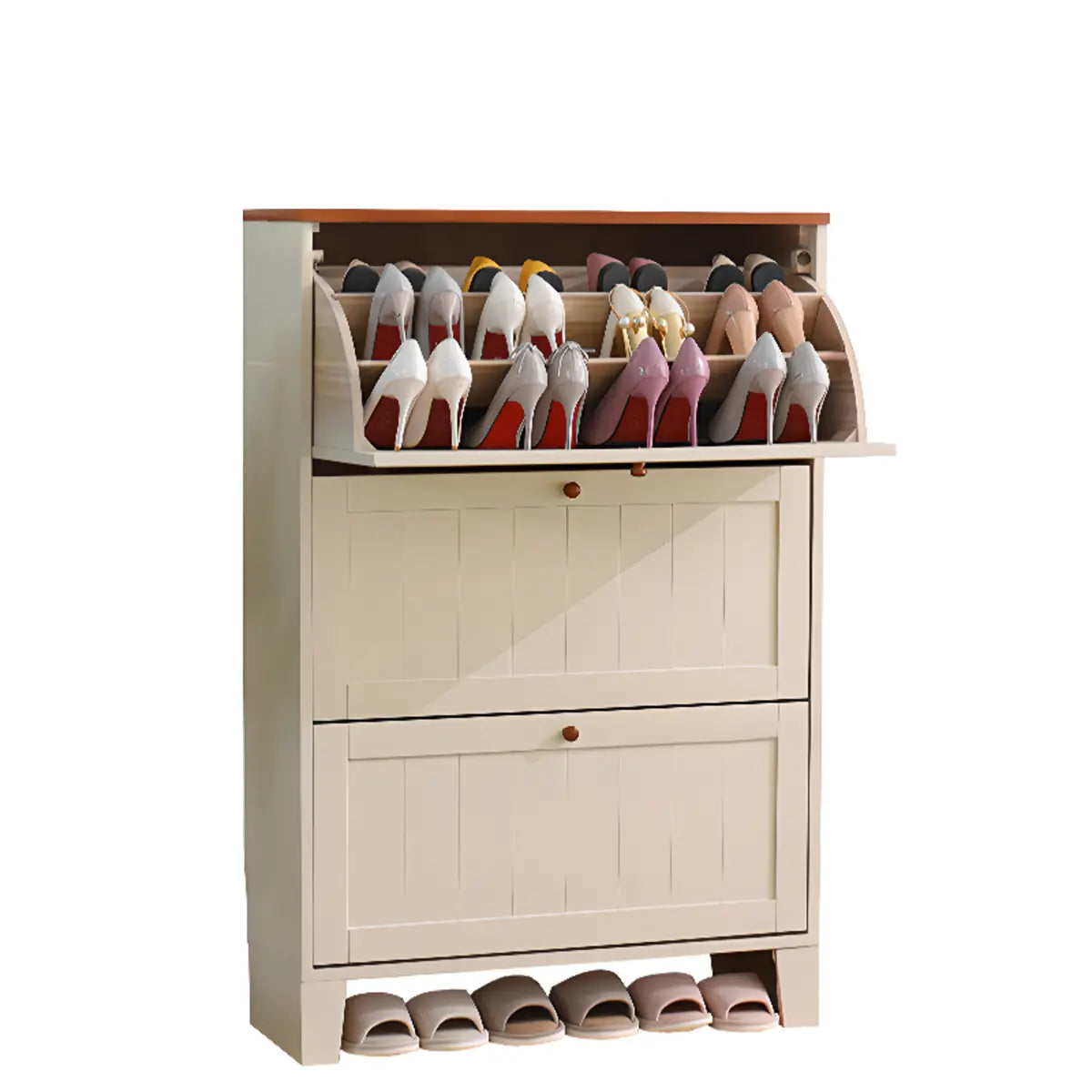 Rustic Cream Wood Entryway Shoe Cabinet — White/ Tawny