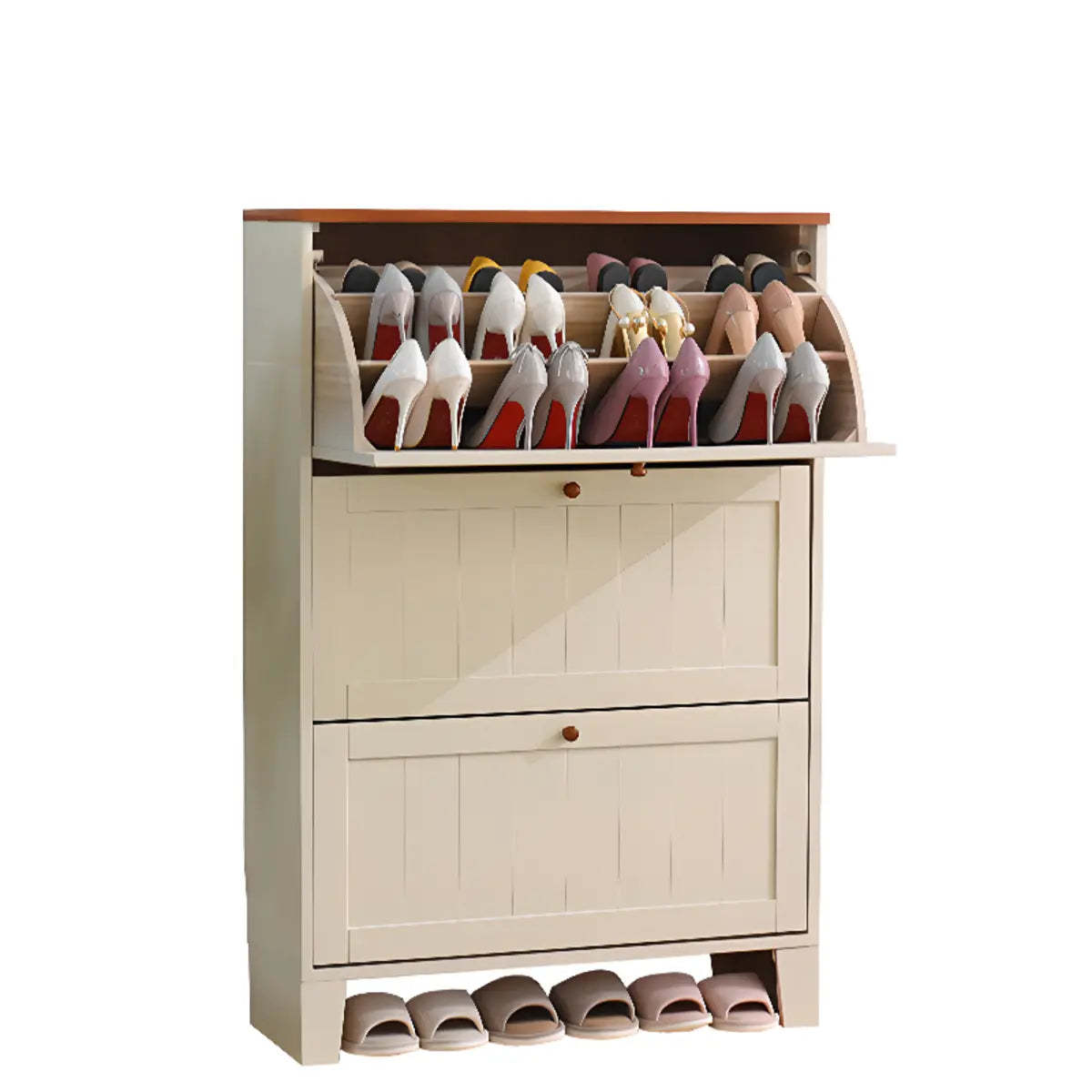 Rustic Cream Wood Entryway Shoe Cabinet — White/ Tawny
