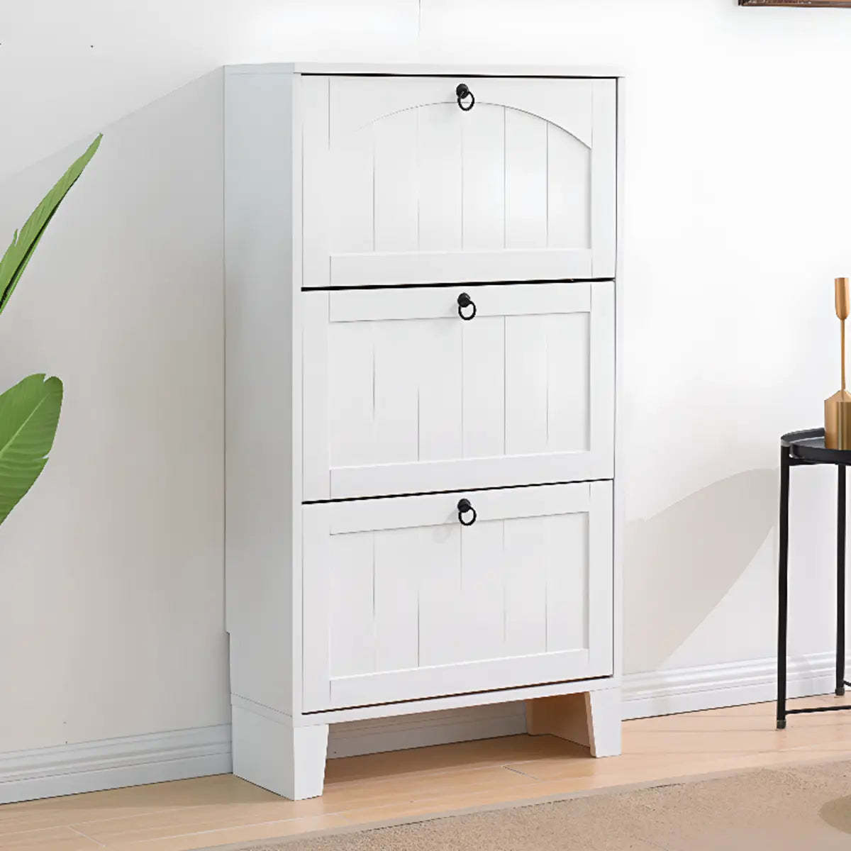 Rustic Cream Wood Entryway Shoe Cabinet — White/ Tawny