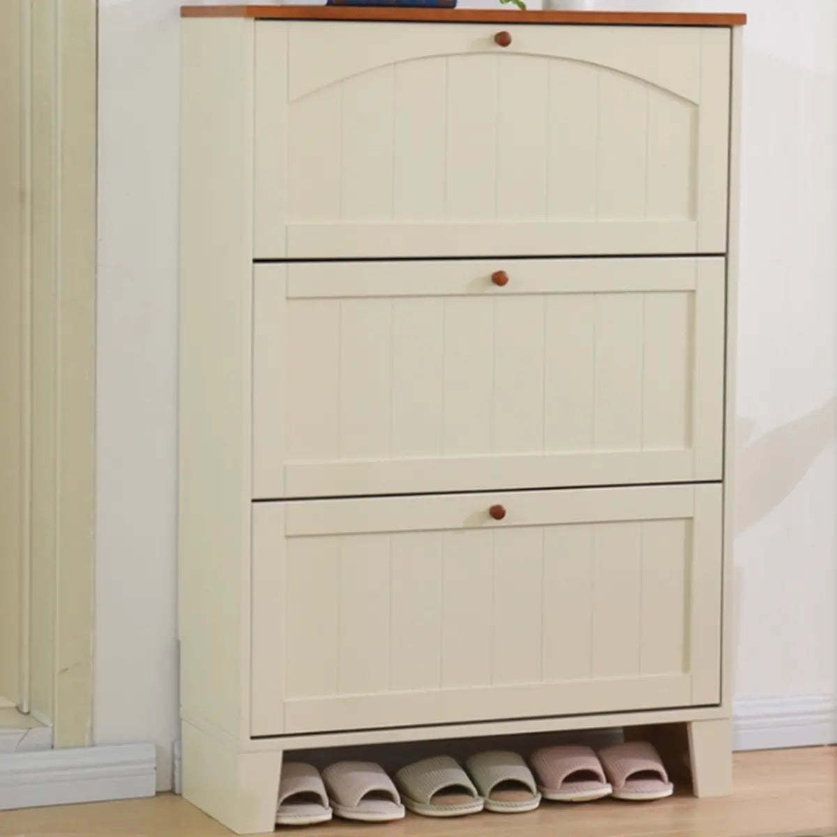 Rustic Cream Wood Entryway Shoe Cabinet — Green/ Natural
