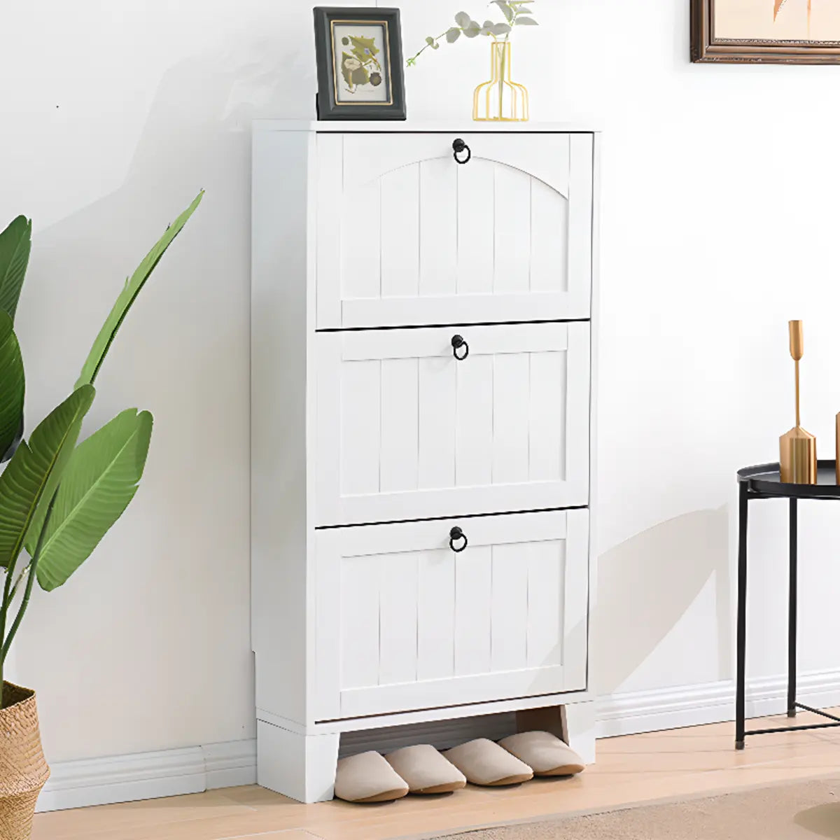 Rustic Cream Wood Entryway Shoe Cabinet — Green/ Natural