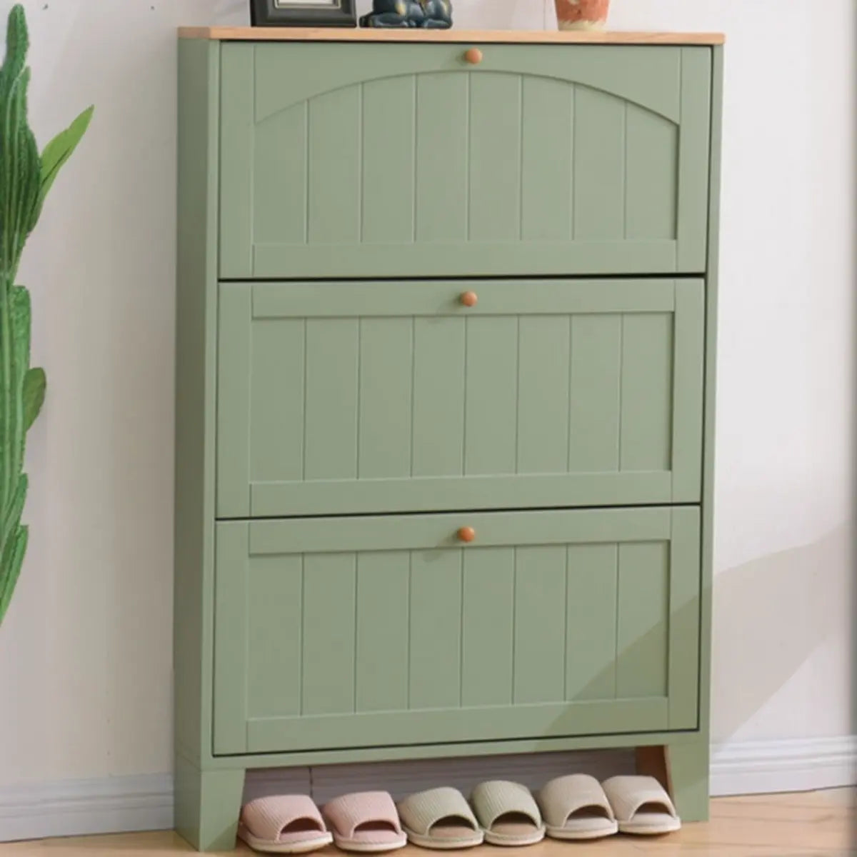 Rustic Cream Wood Entryway Shoe Cabinet — Green/ Tawny