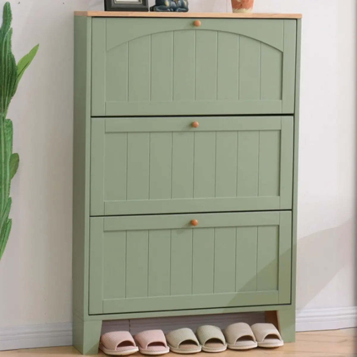 Rustic Cream Wood Entryway Shoe Cabinet — Green/ Tawny