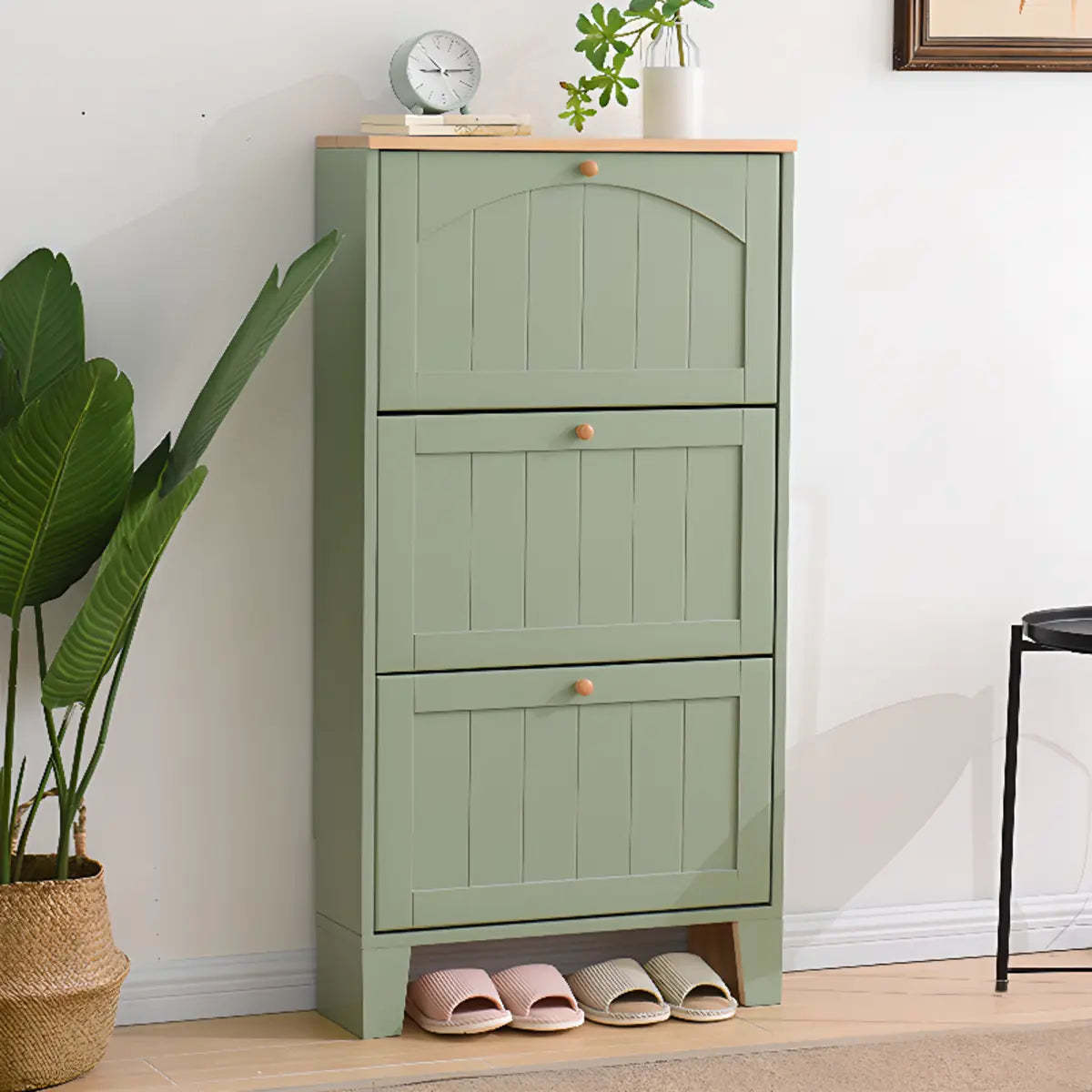 Rustic Cream Wood Entryway Shoe Cabinet — Green/ Tawny