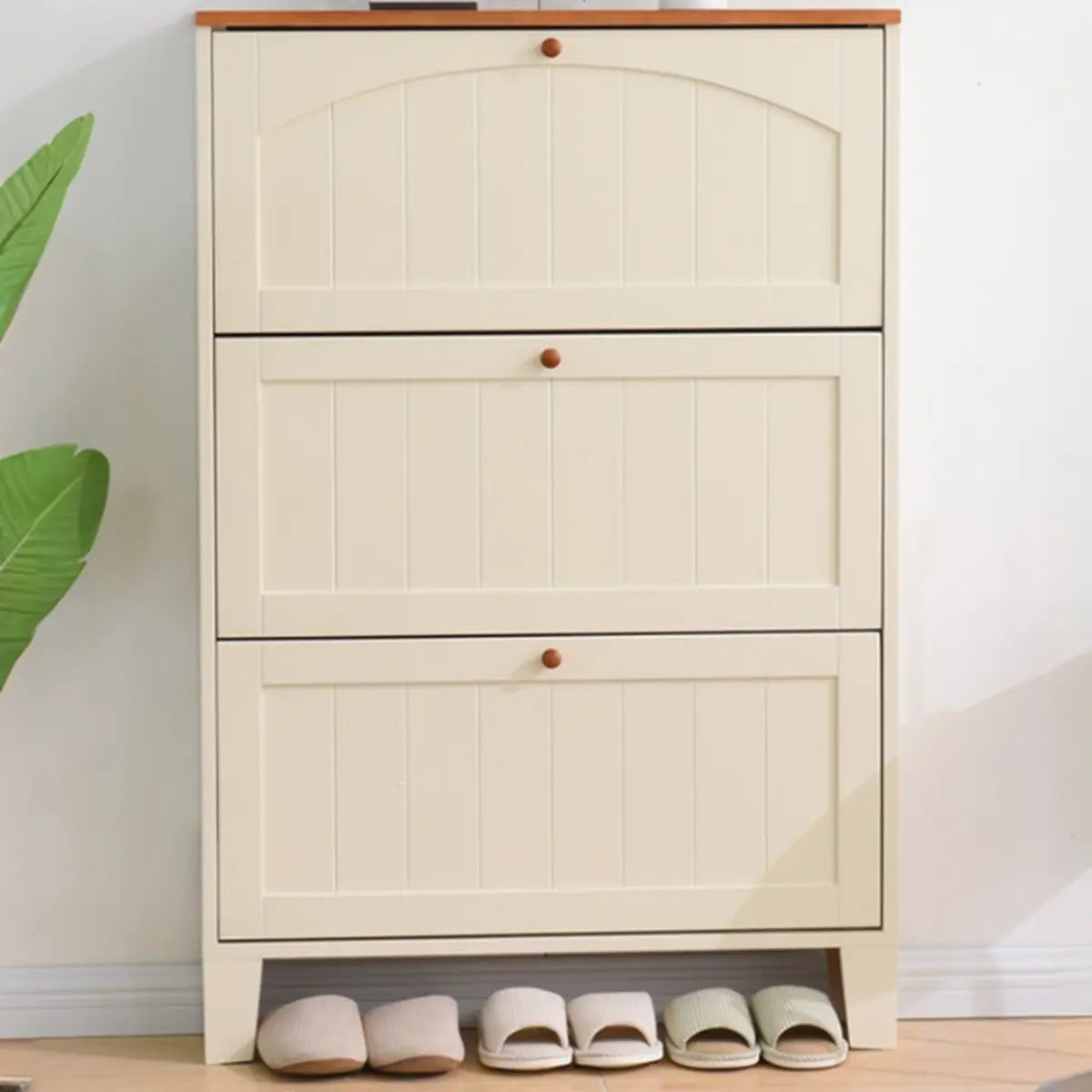 Rustic Cream Wood Entryway Shoe Cabinet — White
