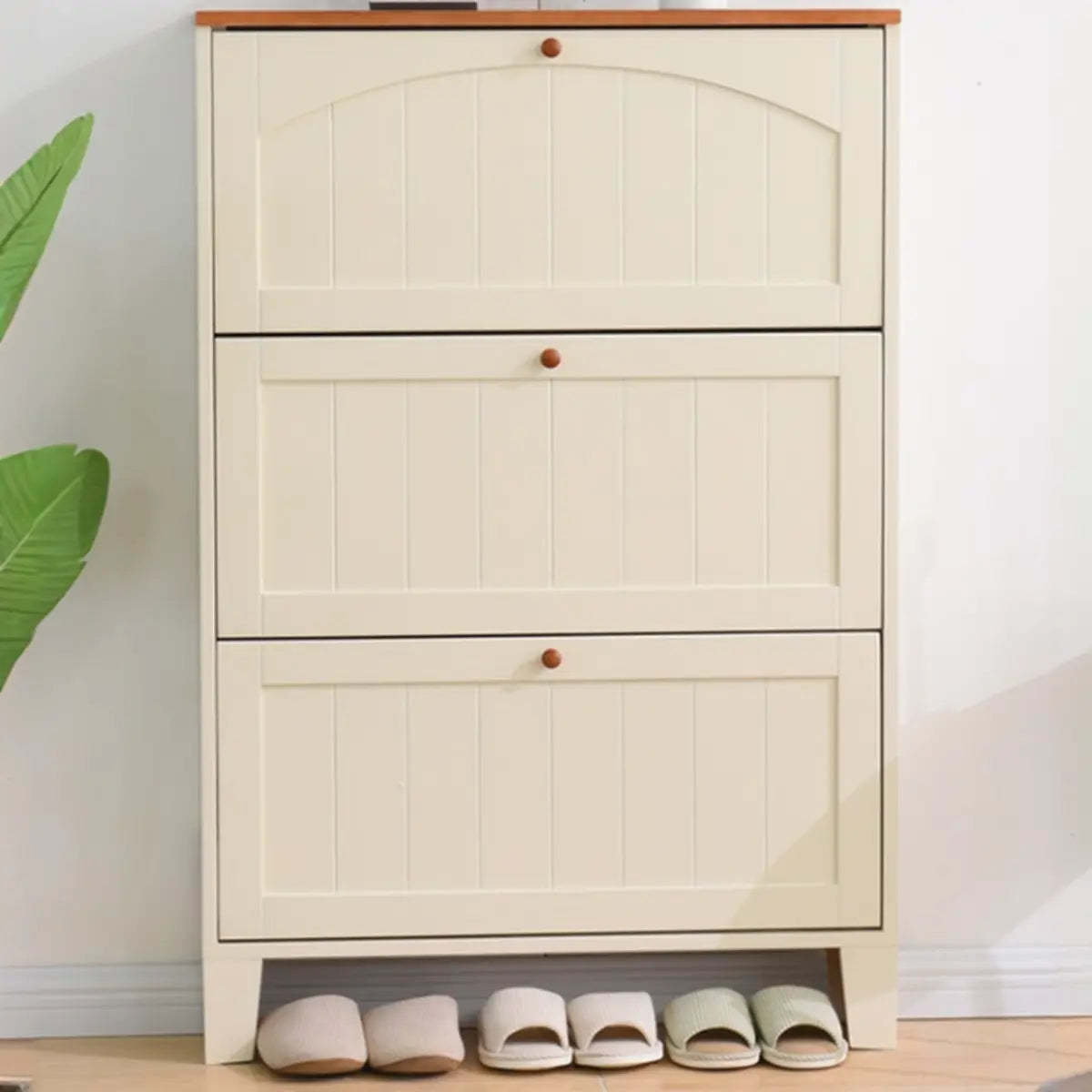Rustic Cream Wood Entryway Shoe Cabinet — White