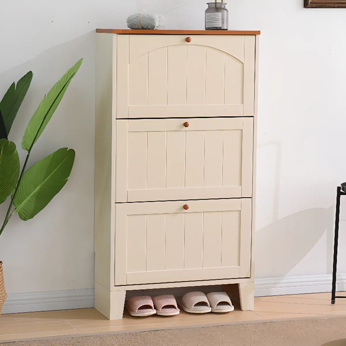Rustic Cream Wood Entryway Shoe Cabinet — White