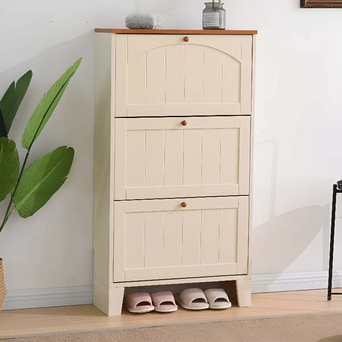 Rustic Cream Wood Entryway Shoe Cabinet — White