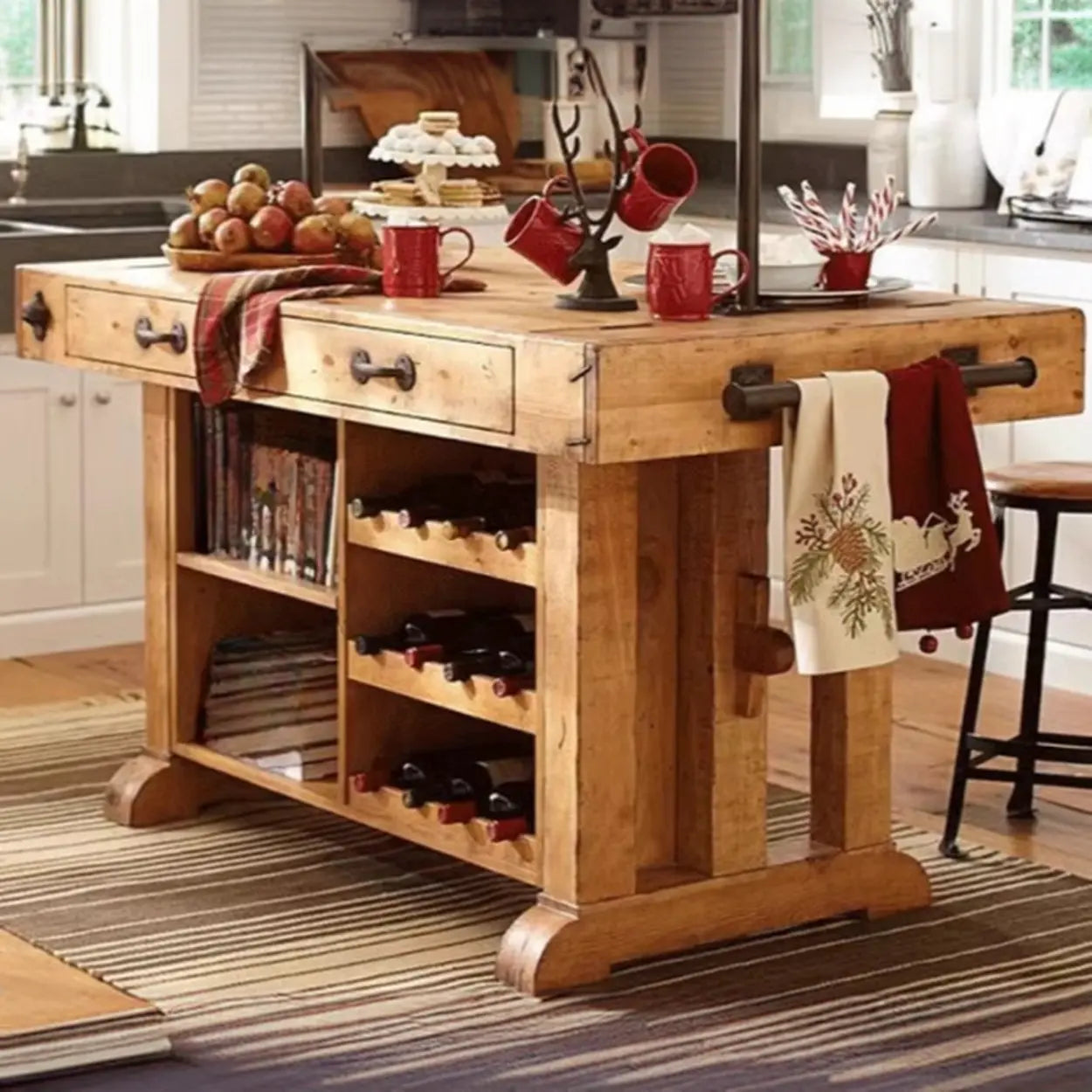 Rustic Wood Kitchen Bar Table with Shelves and Drawers — Table Only