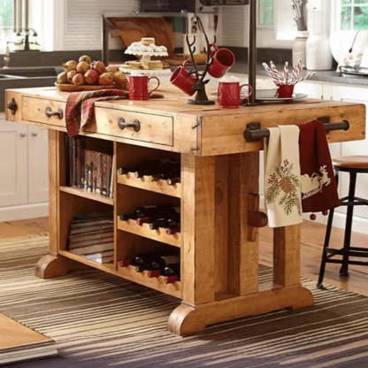 Rustic Wood Kitchen Bar Table with Shelves and Drawers — Table Only