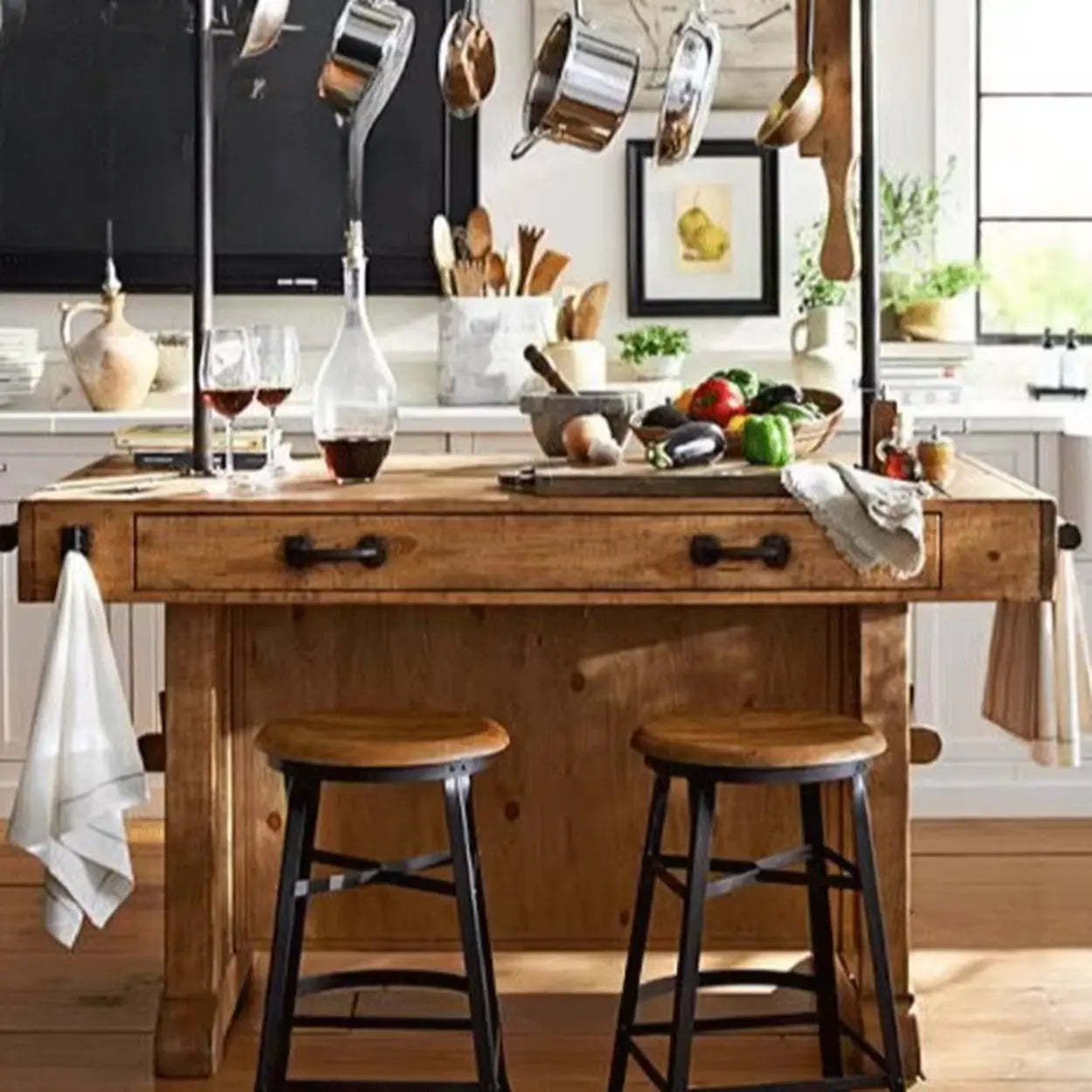 Rustic Wood Kitchen Bar Table with Shelves and Drawers — Table Only