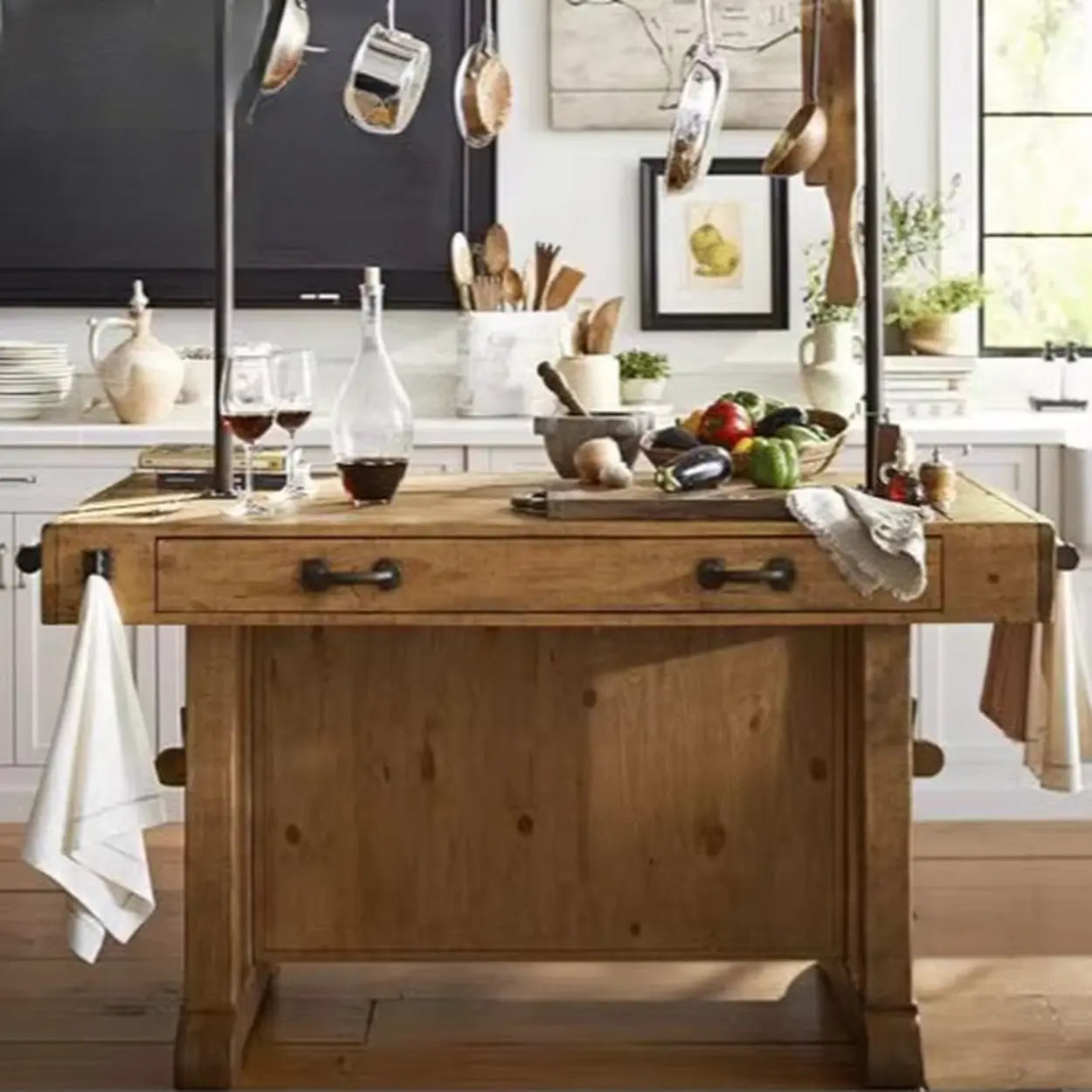 Rustic Wood Kitchen Bar Table with Shelves and Drawers