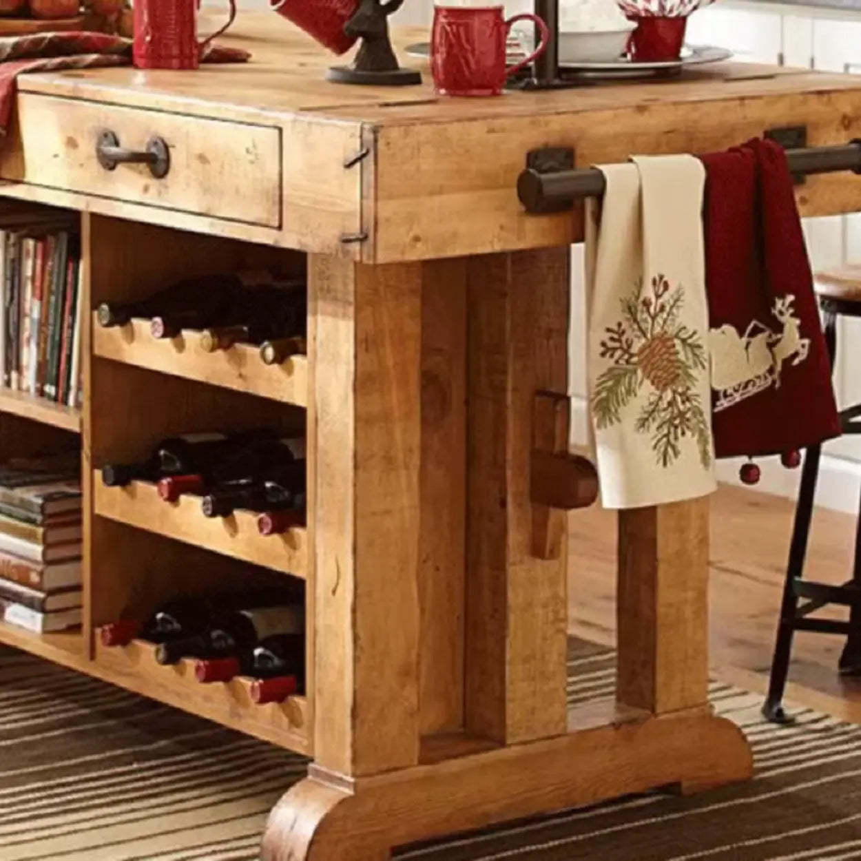 Rustic Wood Kitchen Bar Table with Shelves and Drawers