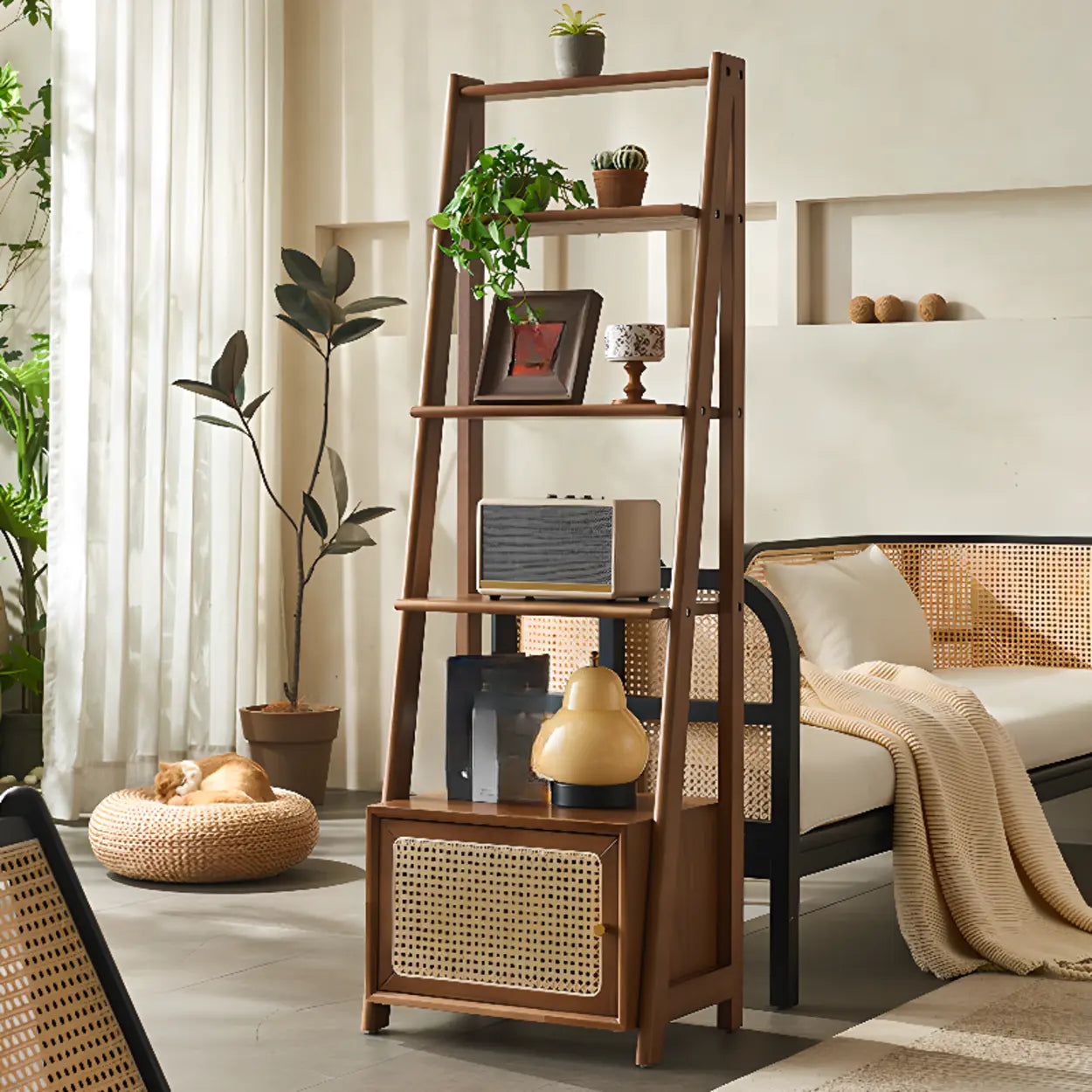 Rustic Woven Walnut Ladder Bookshelf