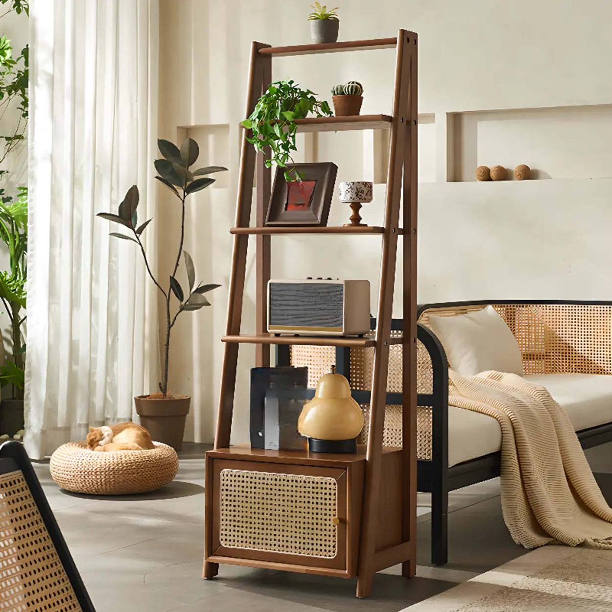 Rustic Woven Walnut Ladder Bookshelf — Black