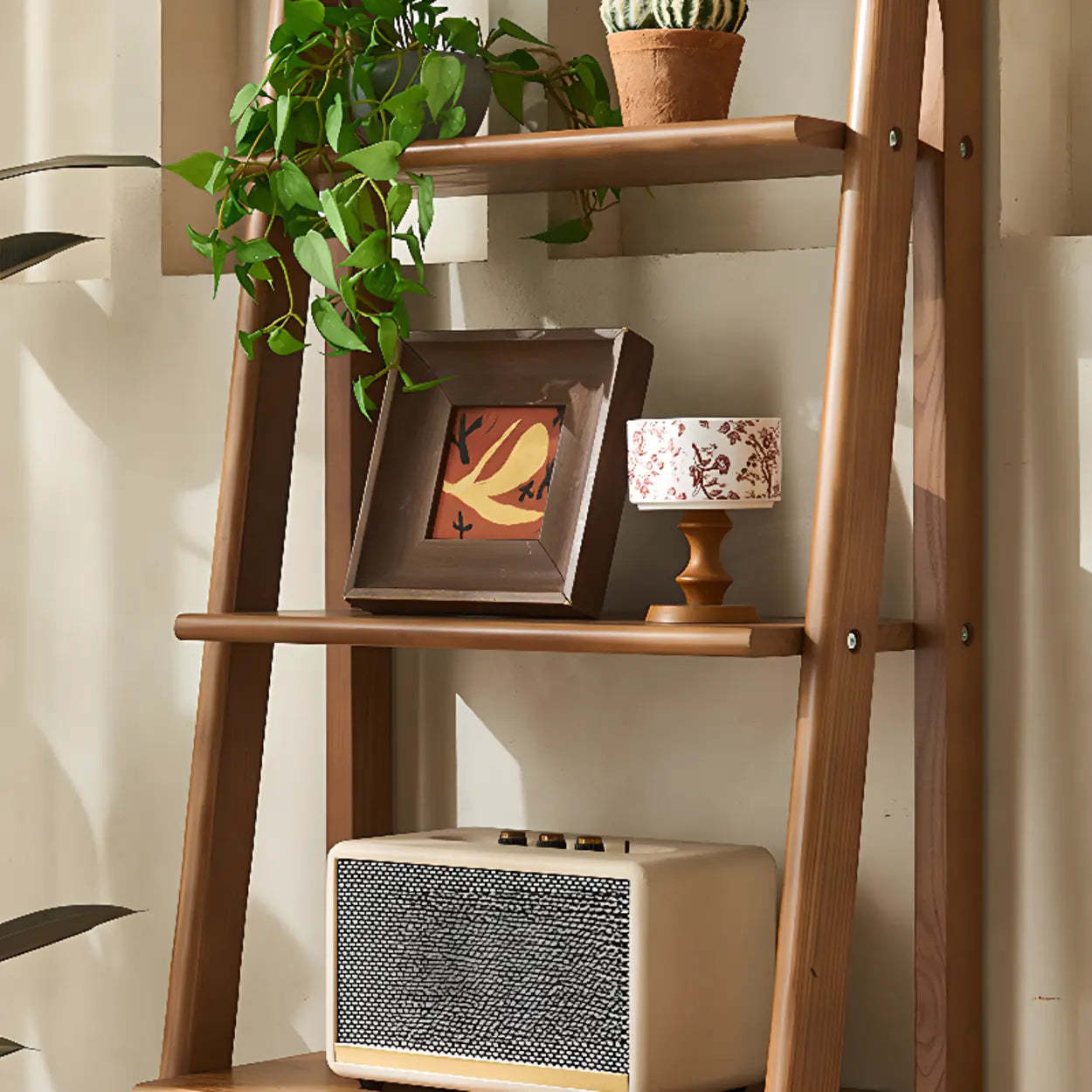 Rustic Woven Walnut Ladder Bookshelf
