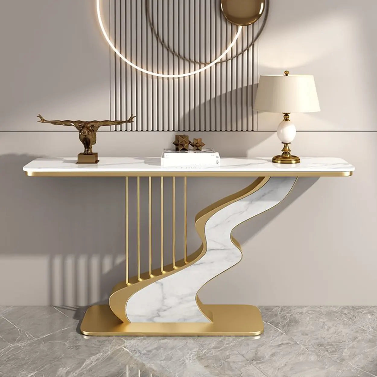 S-Curve Stone White Gold Hallway Console Table — Black / Gray