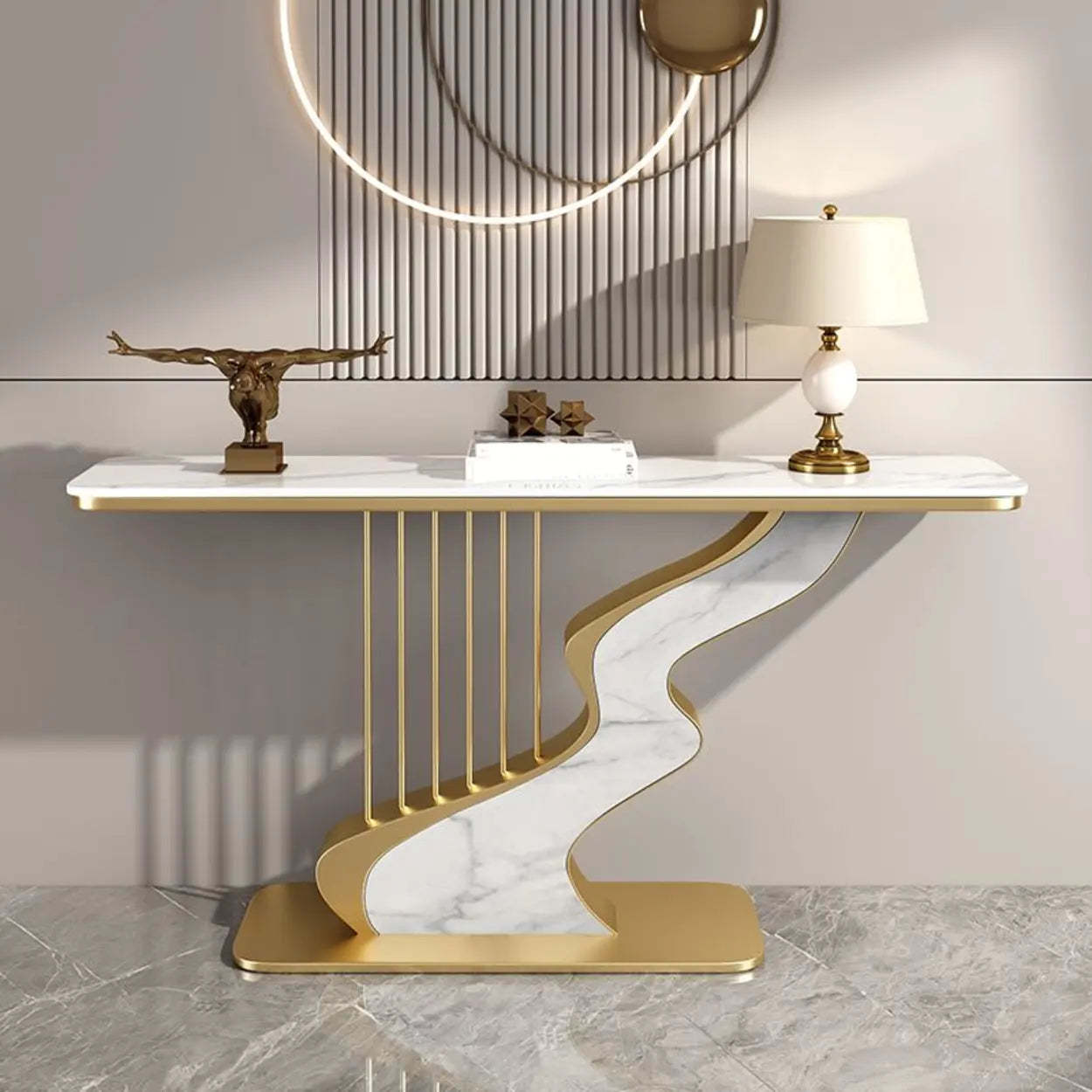 S-Curve Stone White Gold Hallway Console Table — Black / Gray