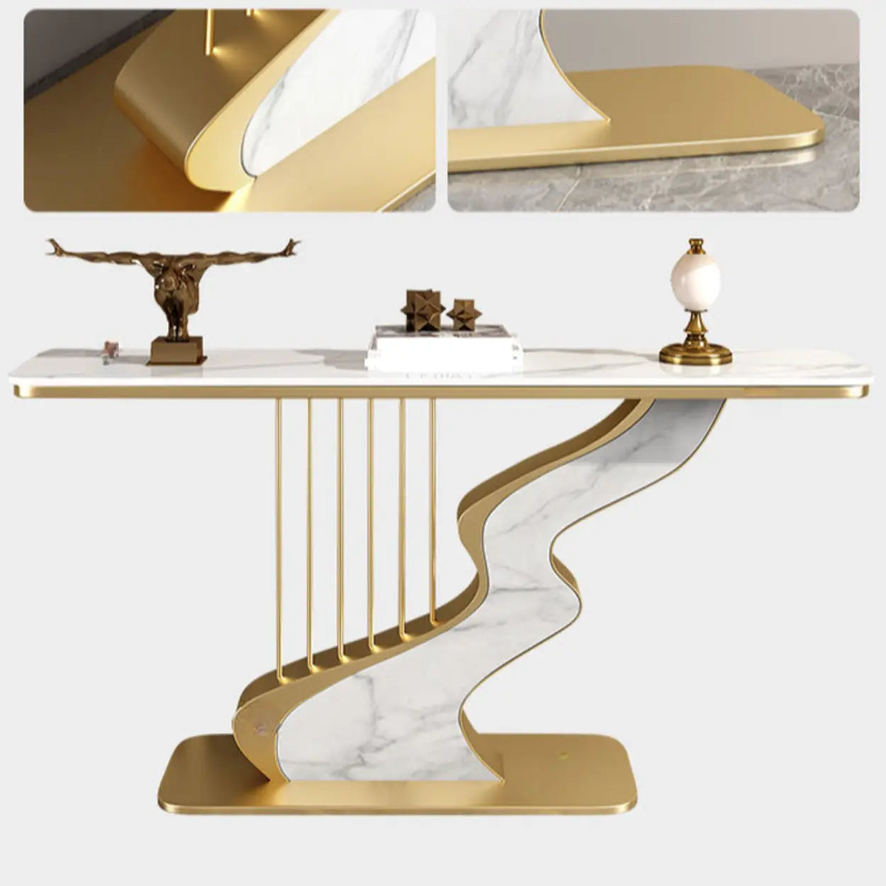 S-Curve Stone White Gold Hallway Console Table — Gold / Jadeite