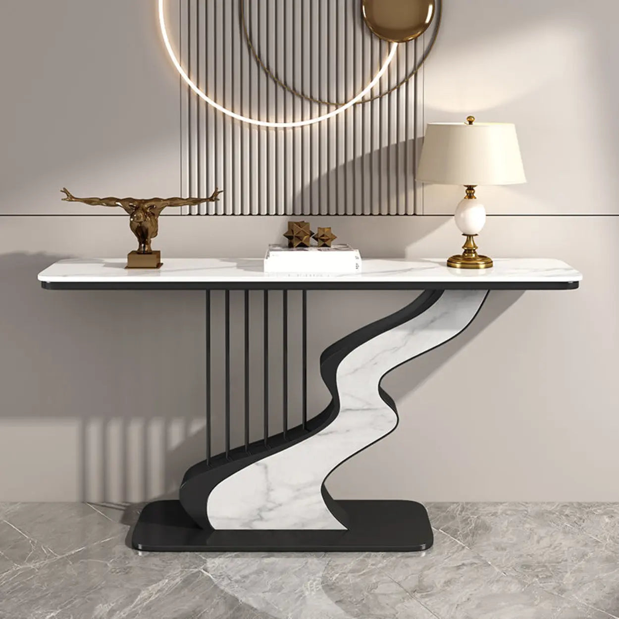 S-Curve Stone White Gold Hallway Console Table — Black / Gray