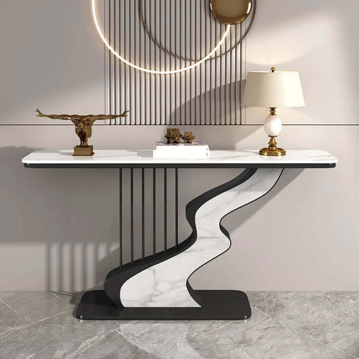 S-Curve Stone White Gold Hallway Console Table — Black / Gray