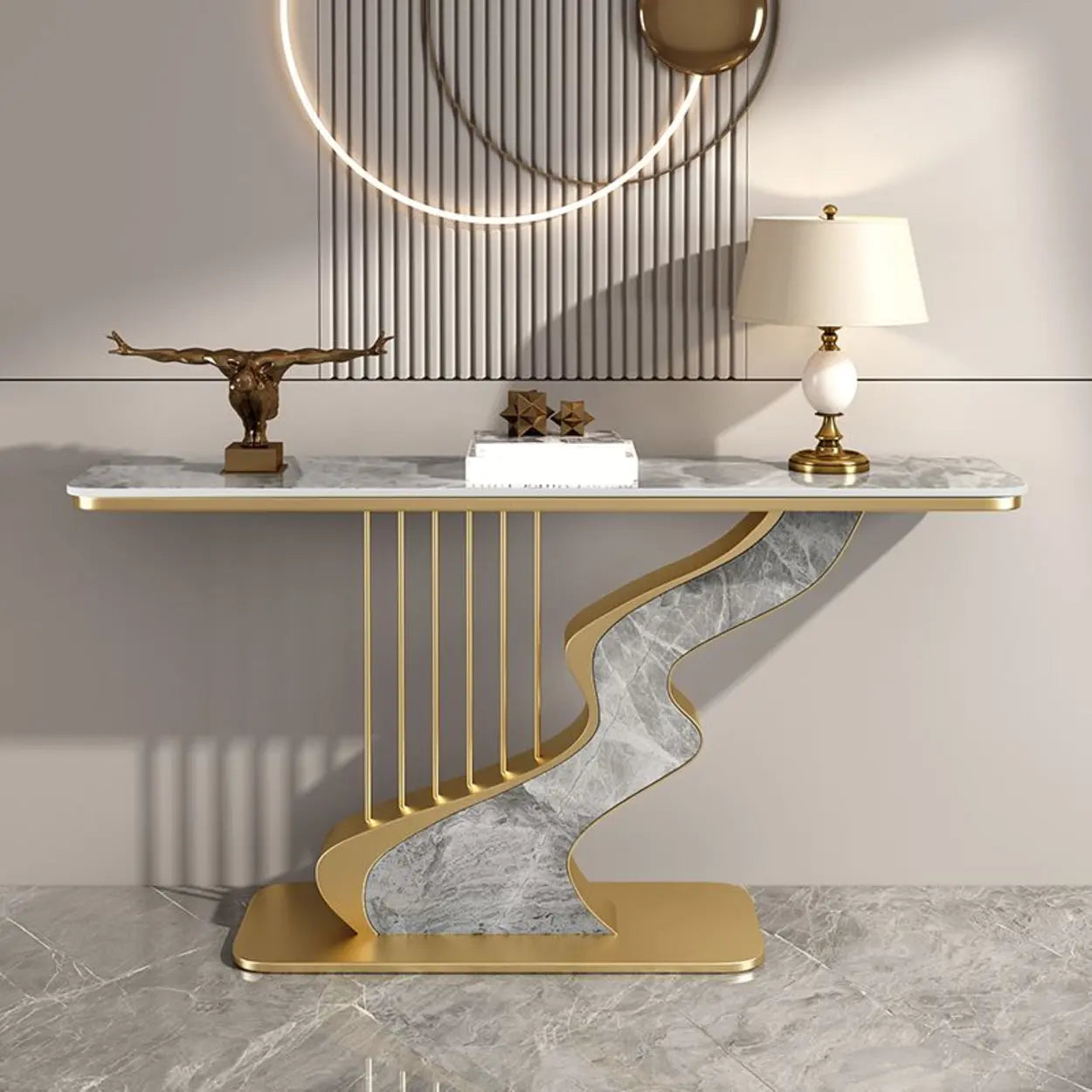 S-Curve Stone White Gold Hallway Console Table — Black / Green