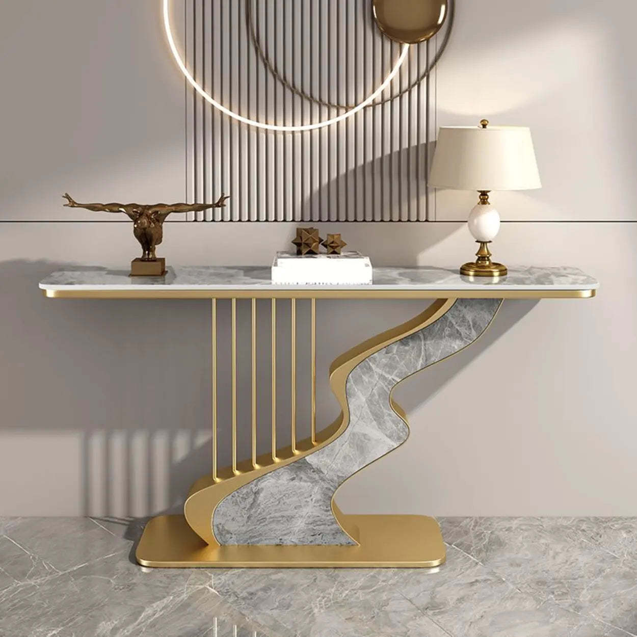 S-Curve Stone White Gold Hallway Console Table — Black / Green