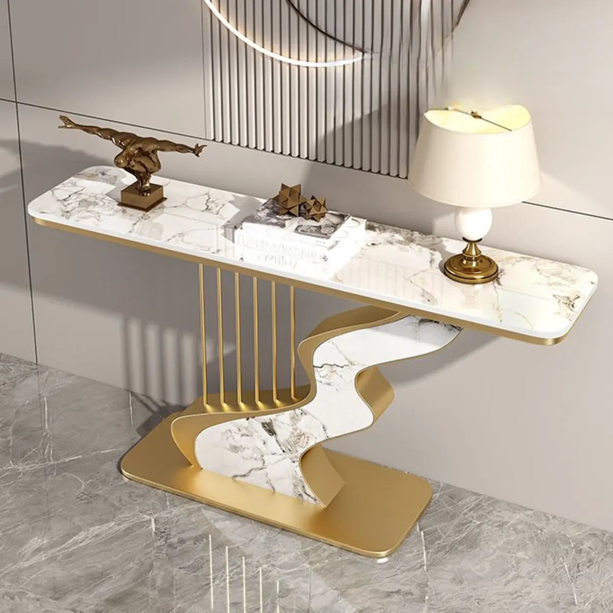 S-Curve Stone White Gold Hallway Console Table — Black / Jadeite