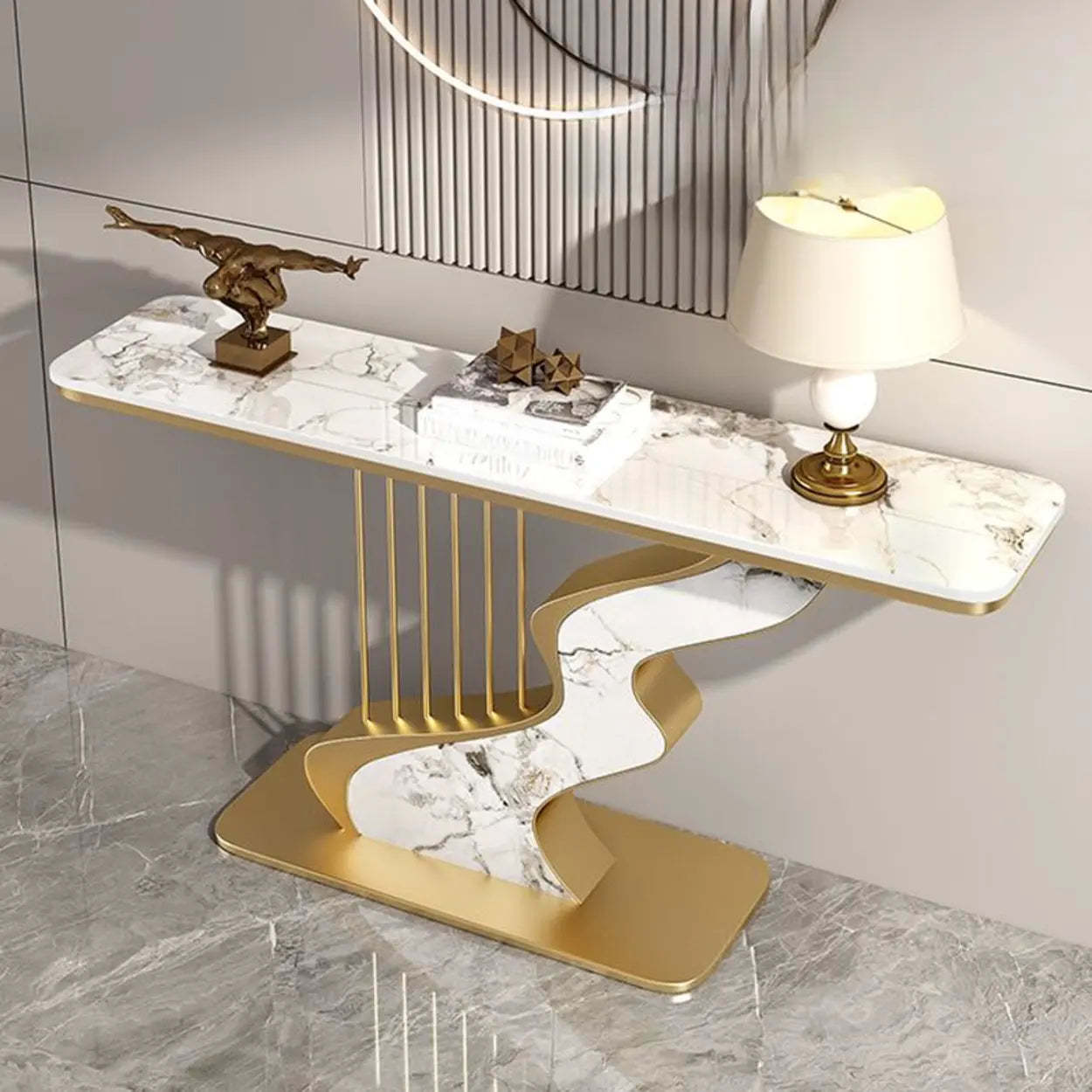 S-Curve Stone White Gold Hallway Console Table — Black / Jadeite