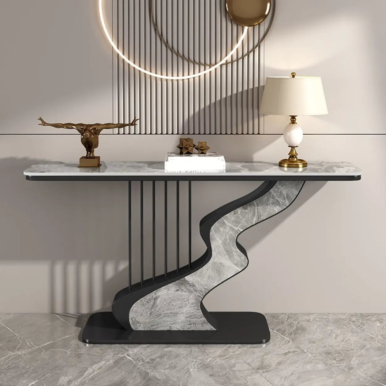 S-Curve Stone White Gold Hallway Console Table — Gold / Gray