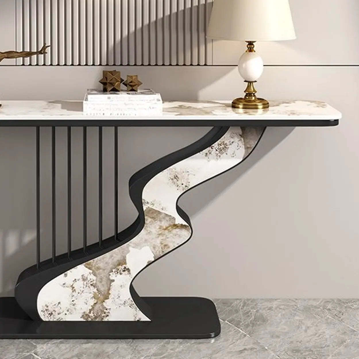 S-Curve Stone White Gold Hallway Console Table — Gold / White