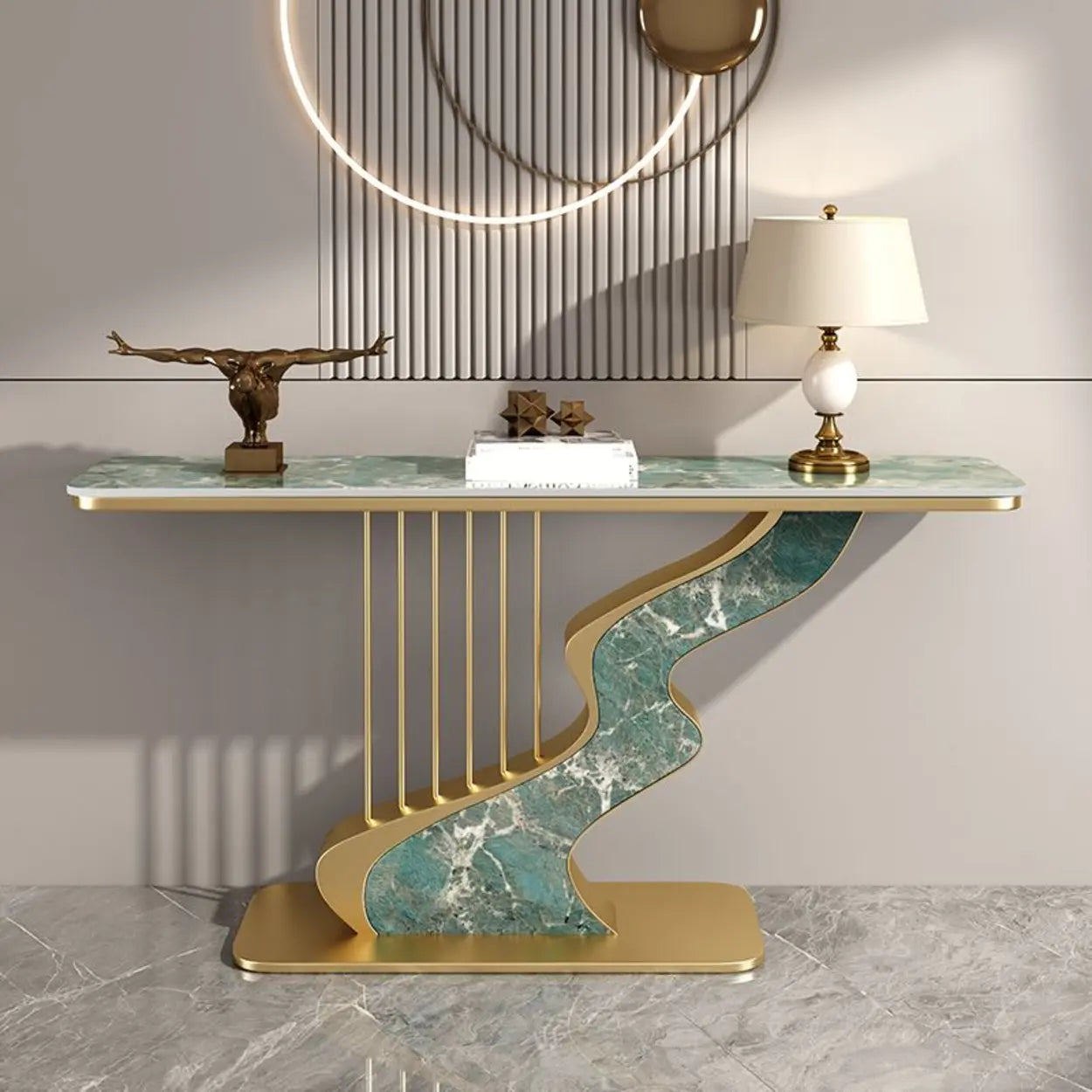 S-Curve Stone White Gold Hallway Console Table — Gold / Green