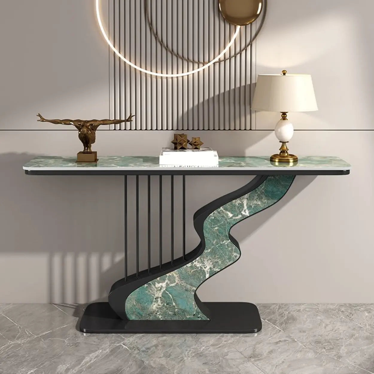 S-Curve Stone White Gold Hallway Console Table — Gold / Pandora Gold/ Gray