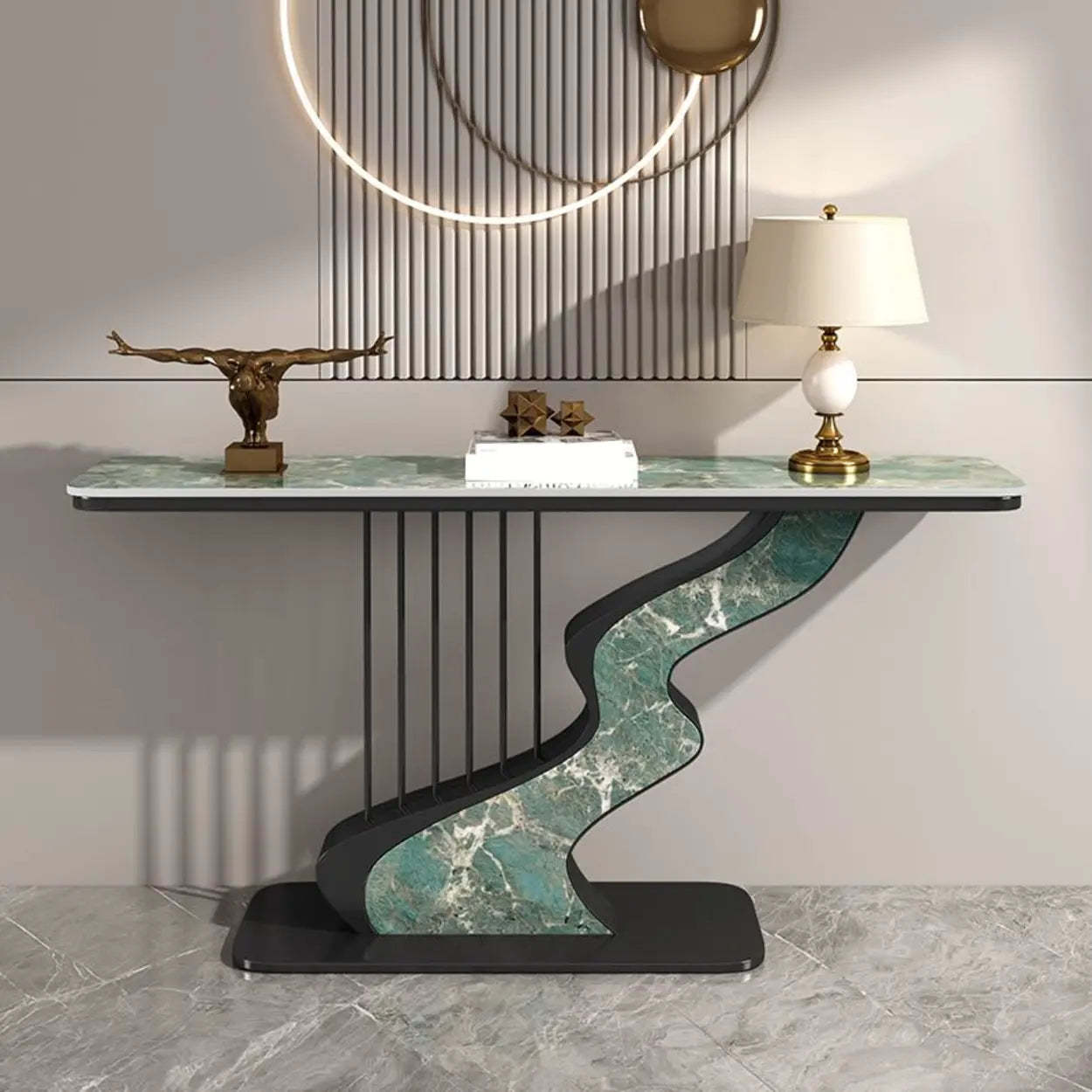 S-Curve Stone White Gold Hallway Console Table — Gold / Pandora Gold/ Gray