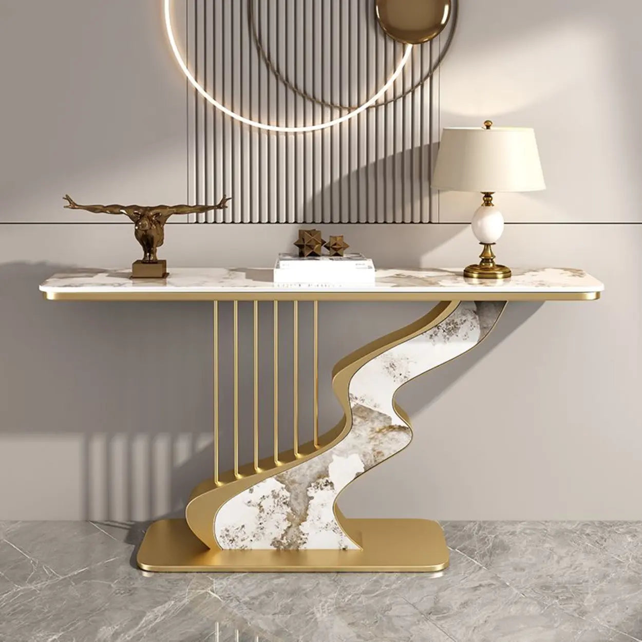 S-Curve Stone White Gold Hallway Console Table — Black / White